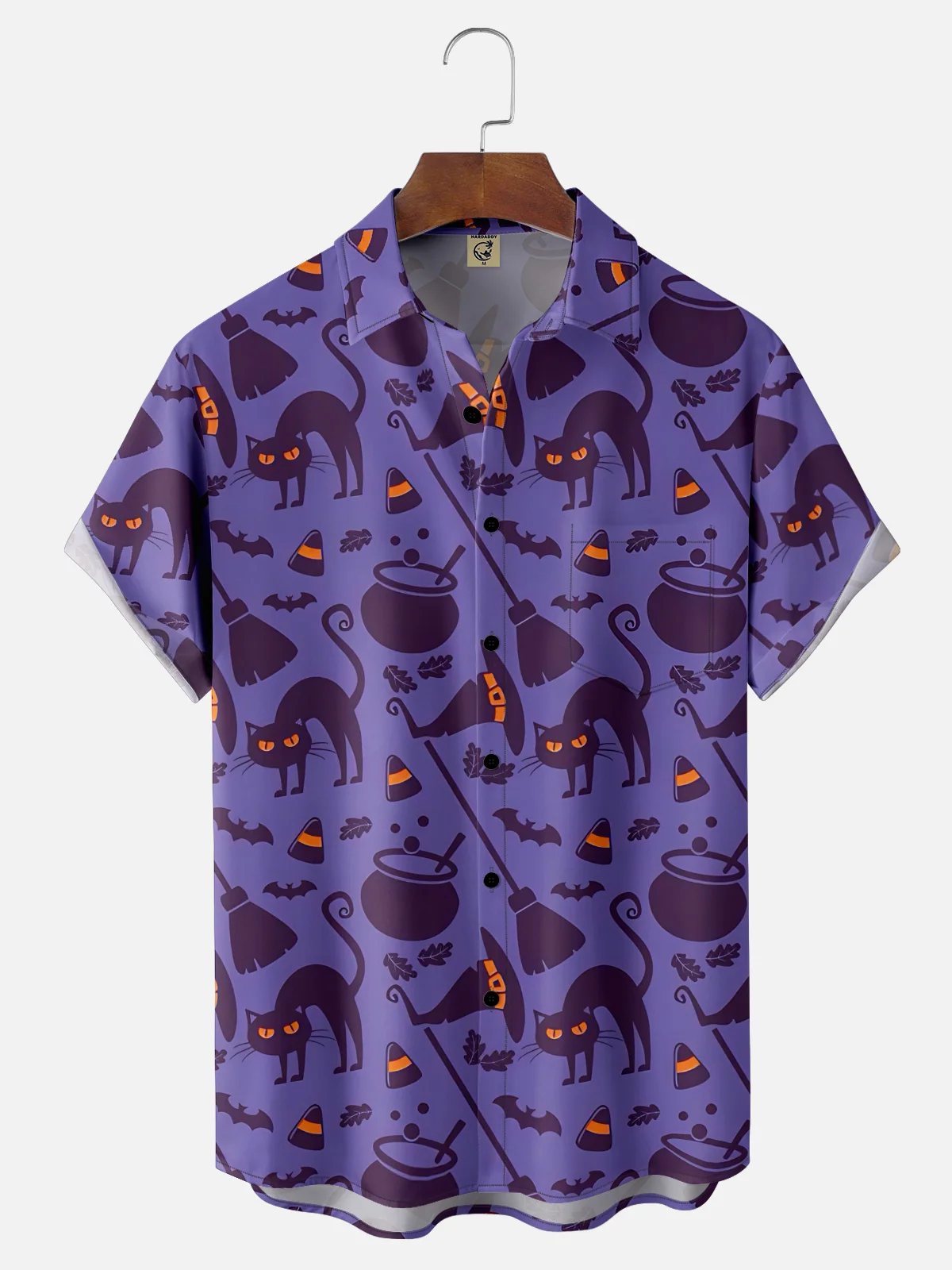 Moisture-wicking Halloween Cat Witch Chest Pocket Casual Shirt