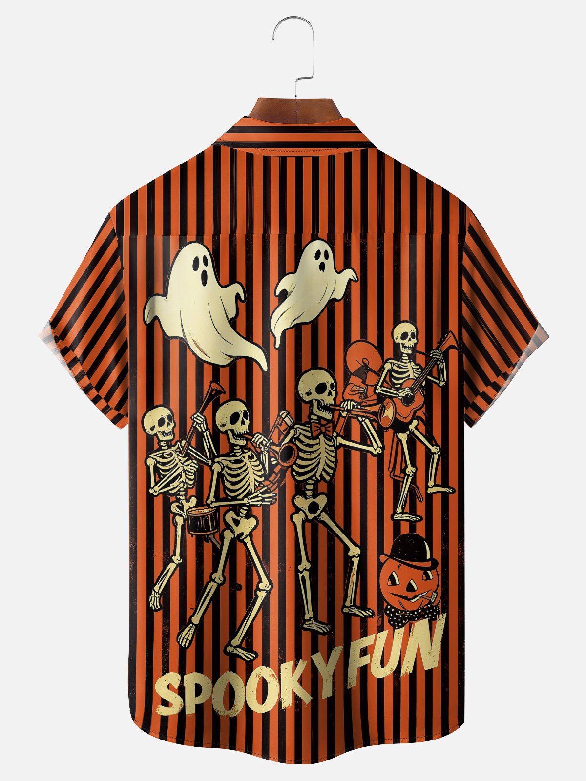 Moisture Wicking Halloween Skeleton Music People Ghost Geometry Chest Pocket Hawaiian Shirt