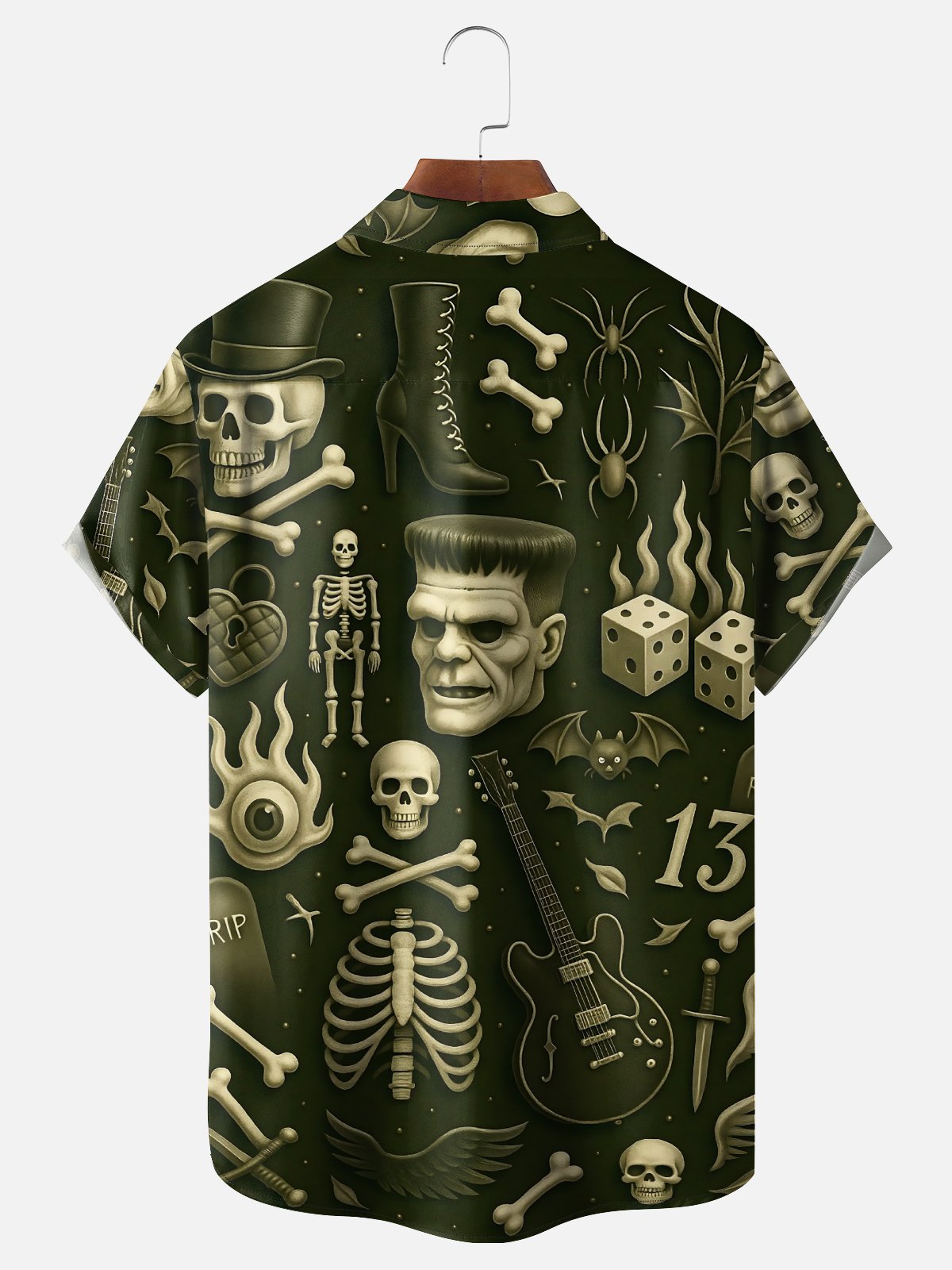Moisture-Wicking Frankenstein Skull Guitar Chest Pocket Hawaiian Shirt