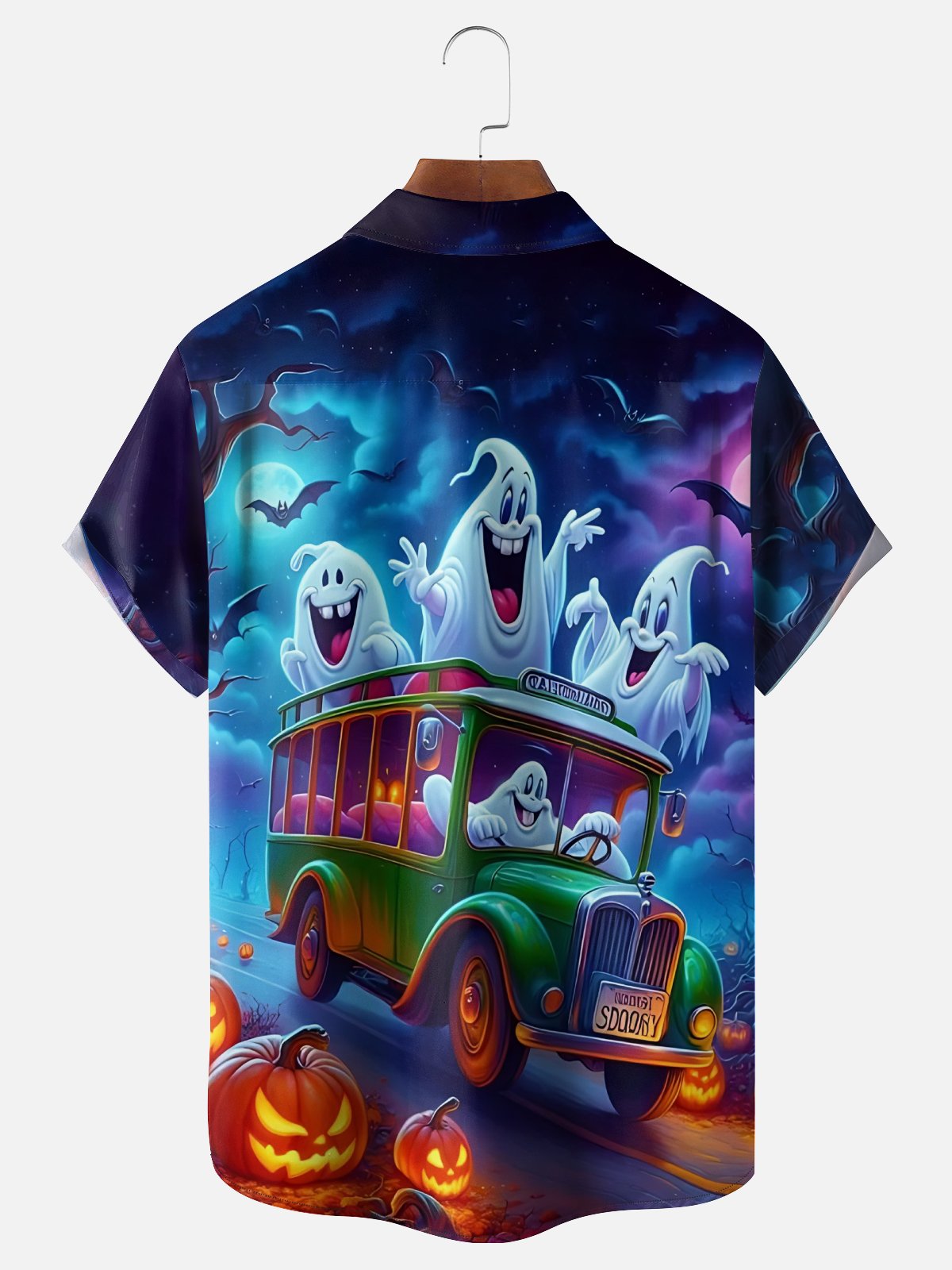 Moisture-Wicking Halloween Gradient Ghost Car Pumpkin Chest Pocket Hawaiian Shirt
