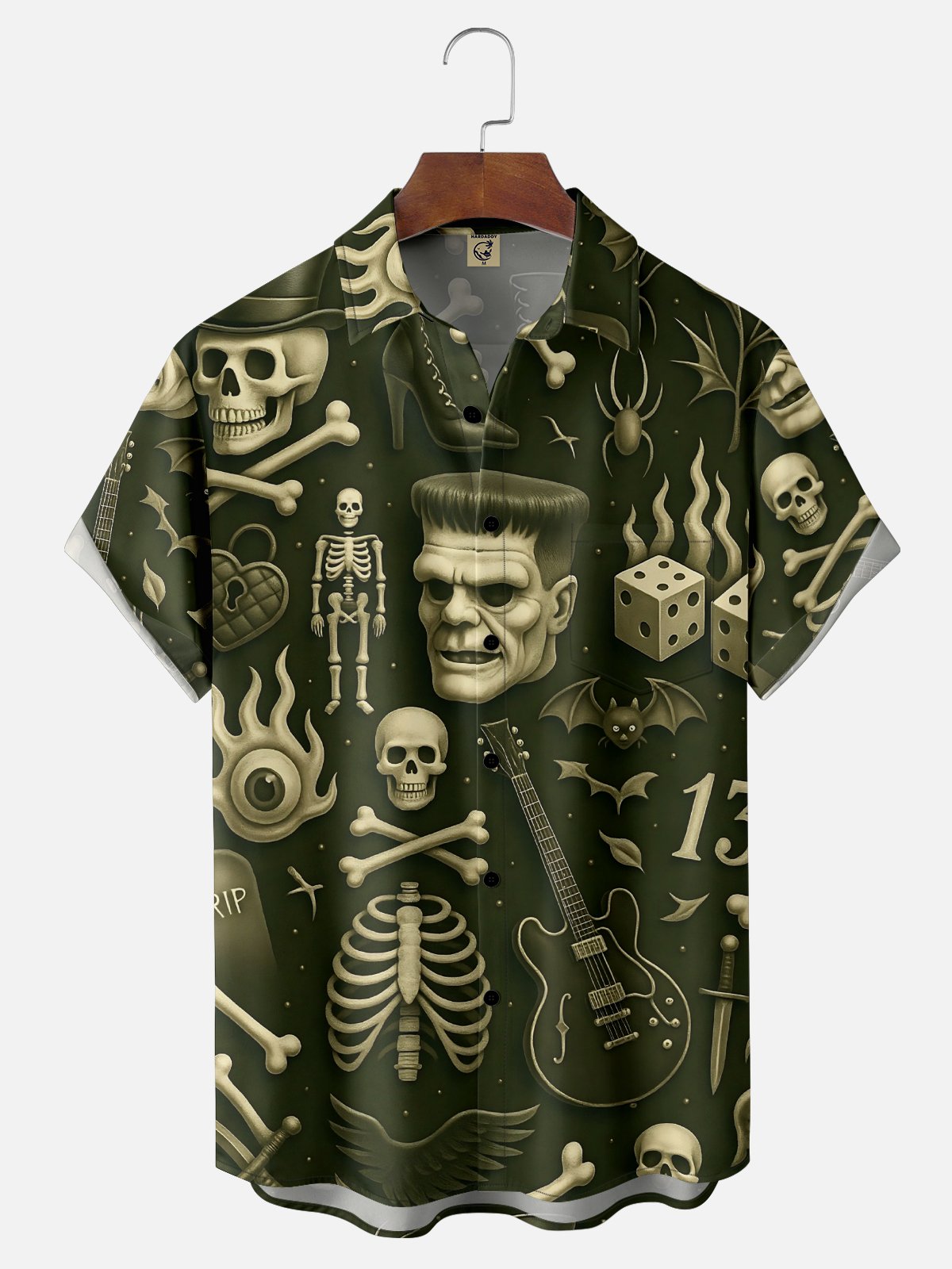 Moisture-Wicking Frankenstein Skull Guitar Chest Pocket Hawaiian Shirt
