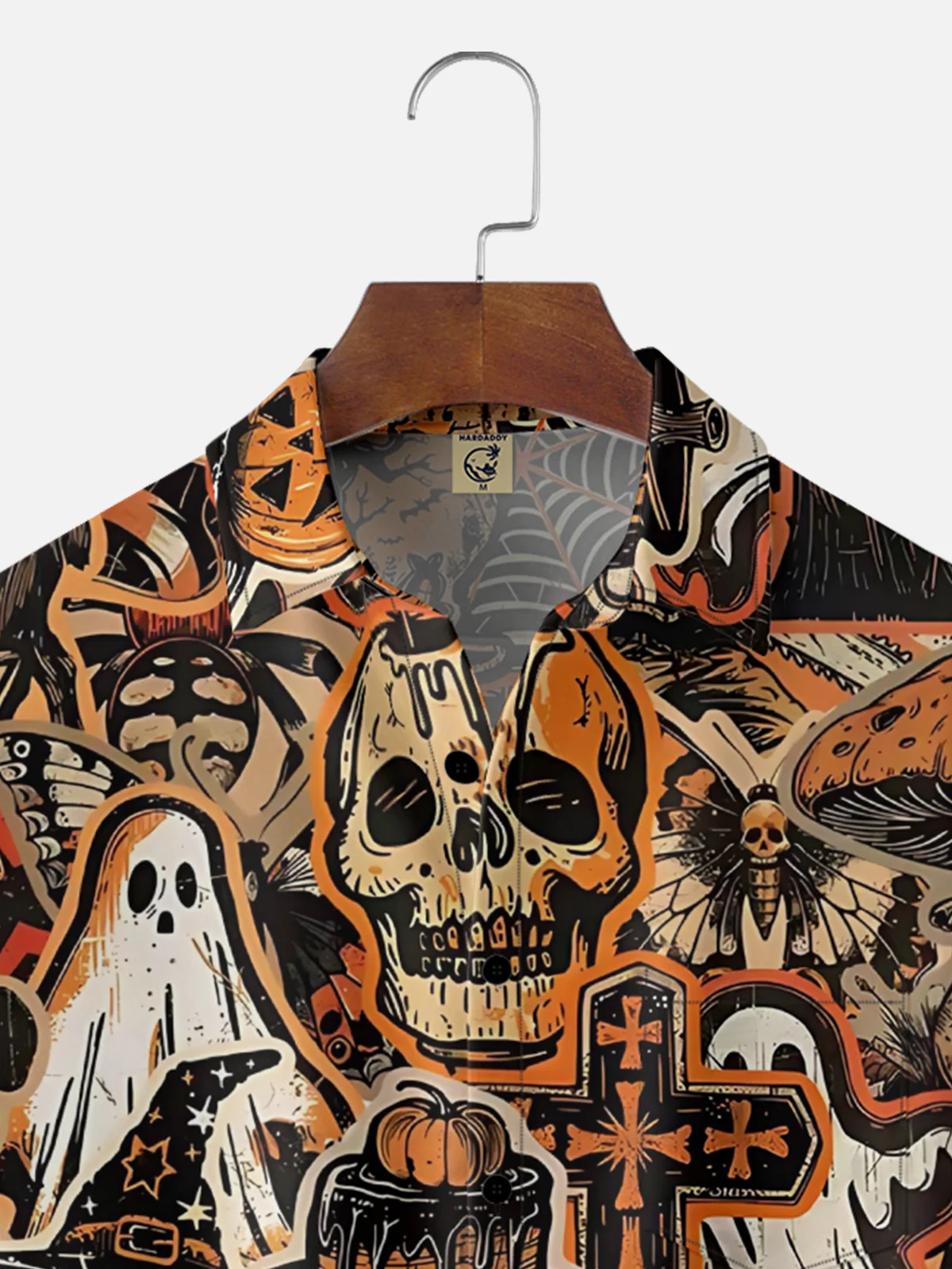 Moisture-Wicking Halloween Skull Pumpkin Ghost Spider Chest Pocket Hawaiian Shirt