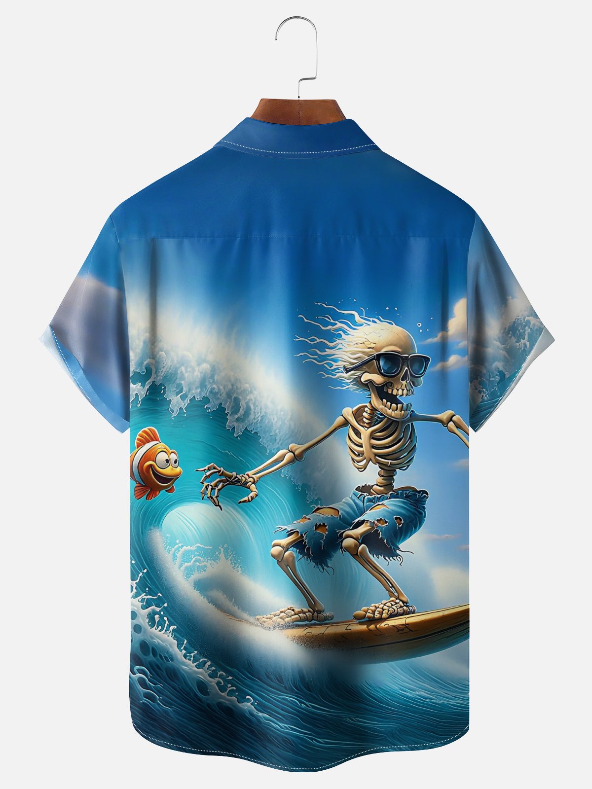 Moisture Wicking Clownfish Surf Skull Chest Pocket Hawaiian Shirt