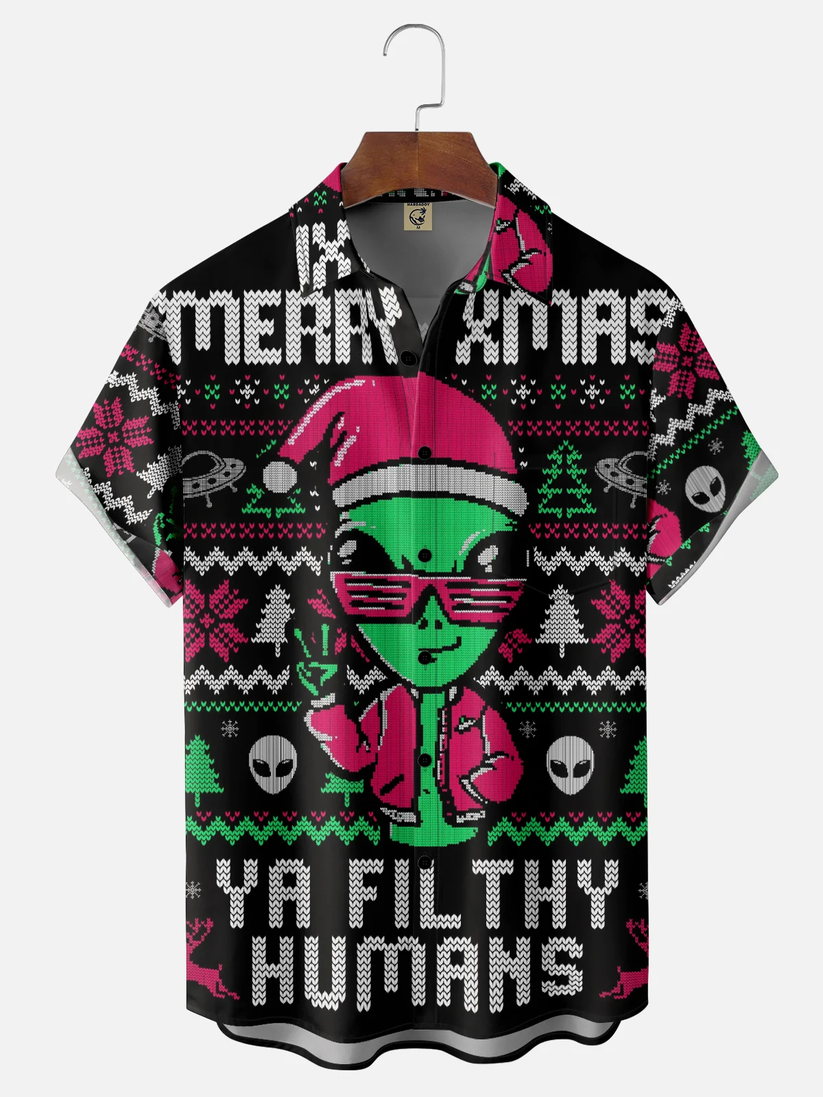 Hardaddy X Eduely Moisture-wicking Christmas Alien Chest Pocket Casual Shirt