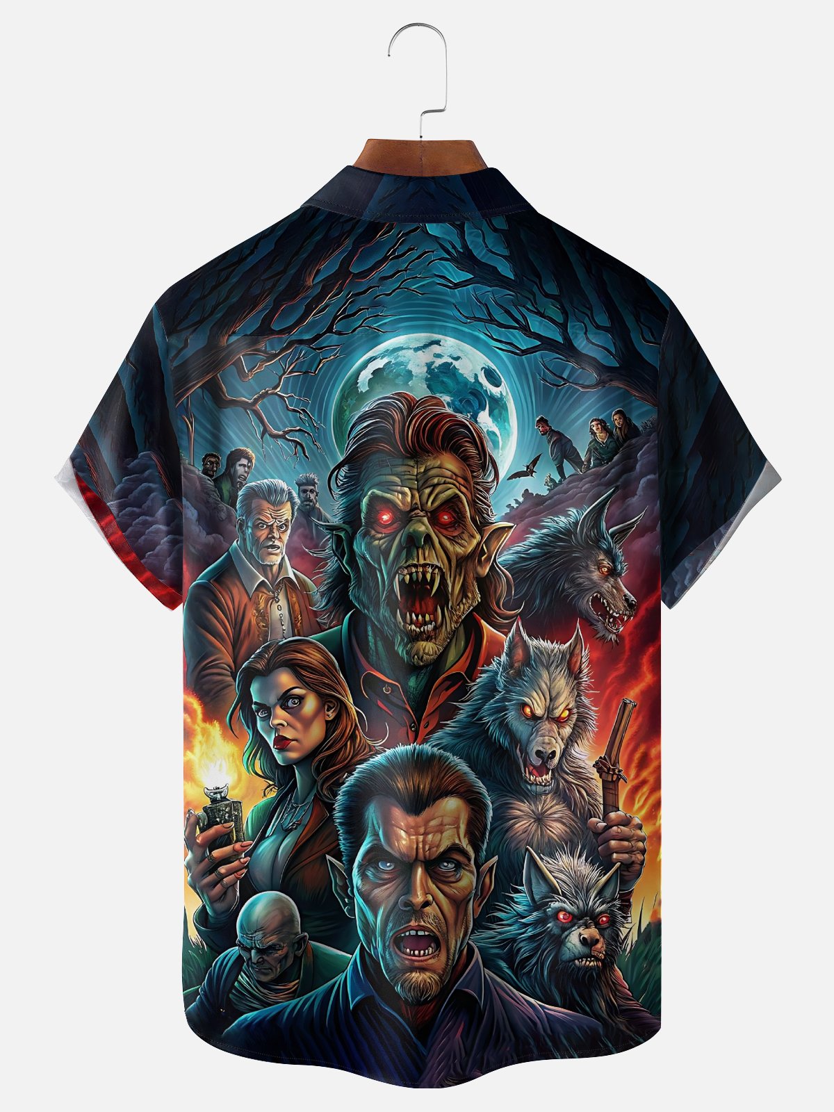 Moisture Wicking Halloween Monsters Chest Pocket Hawaiian Shirt