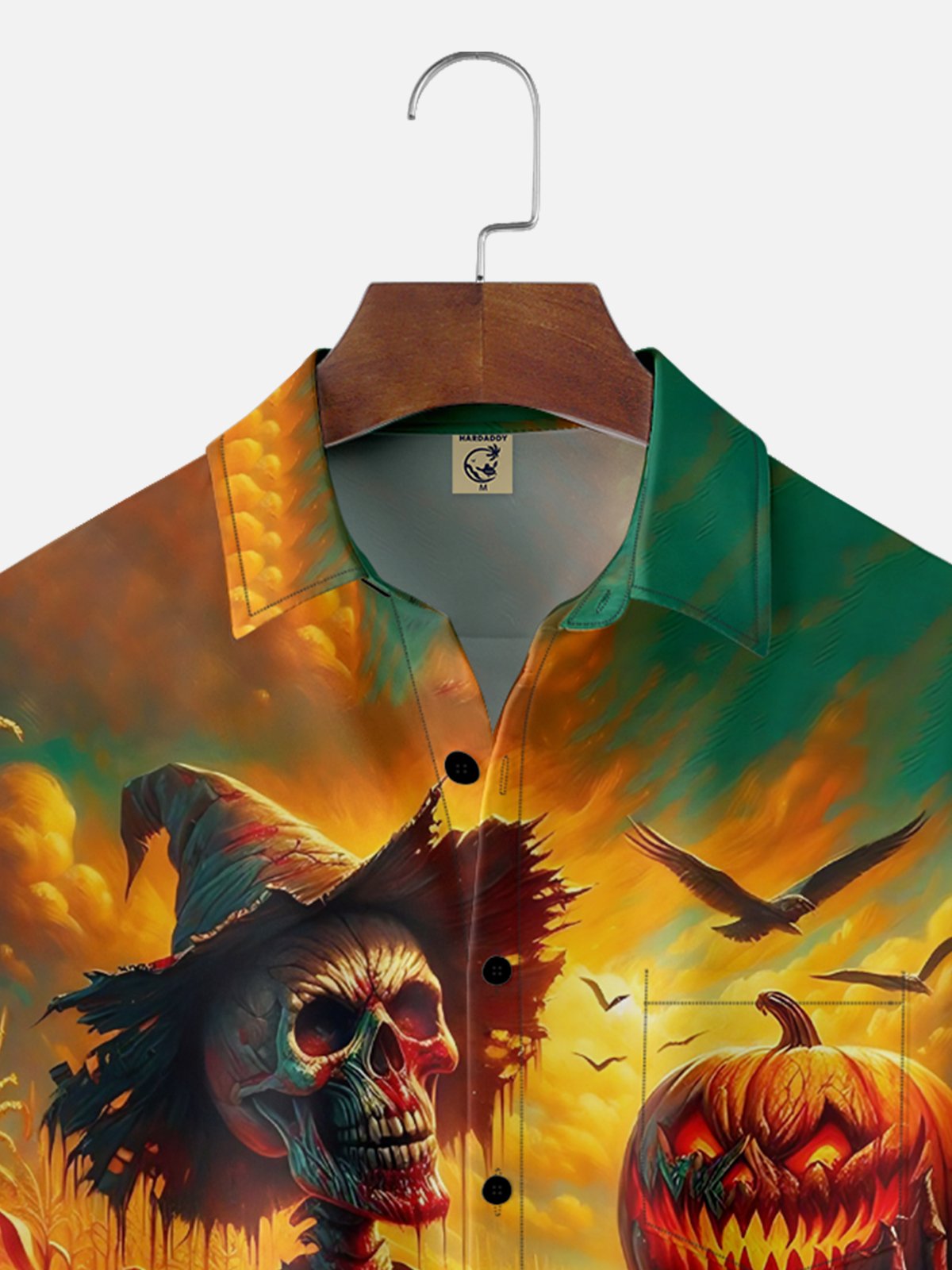 Moisture Wicking Halloween Pumpkin Skull Chest Pocket Hawaiian Shirt