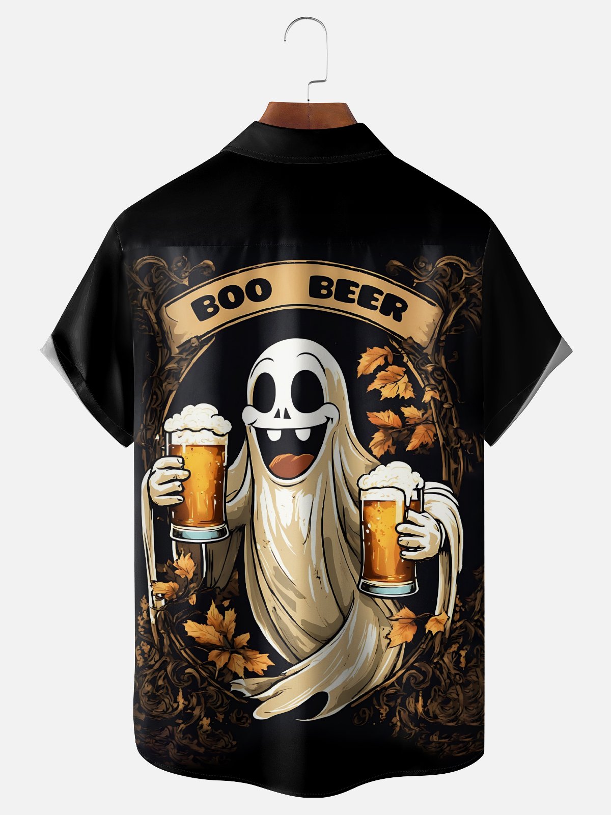 Moisture Wicking Halloween Ghost Beer Chest Pocket Hawaiian Shirt