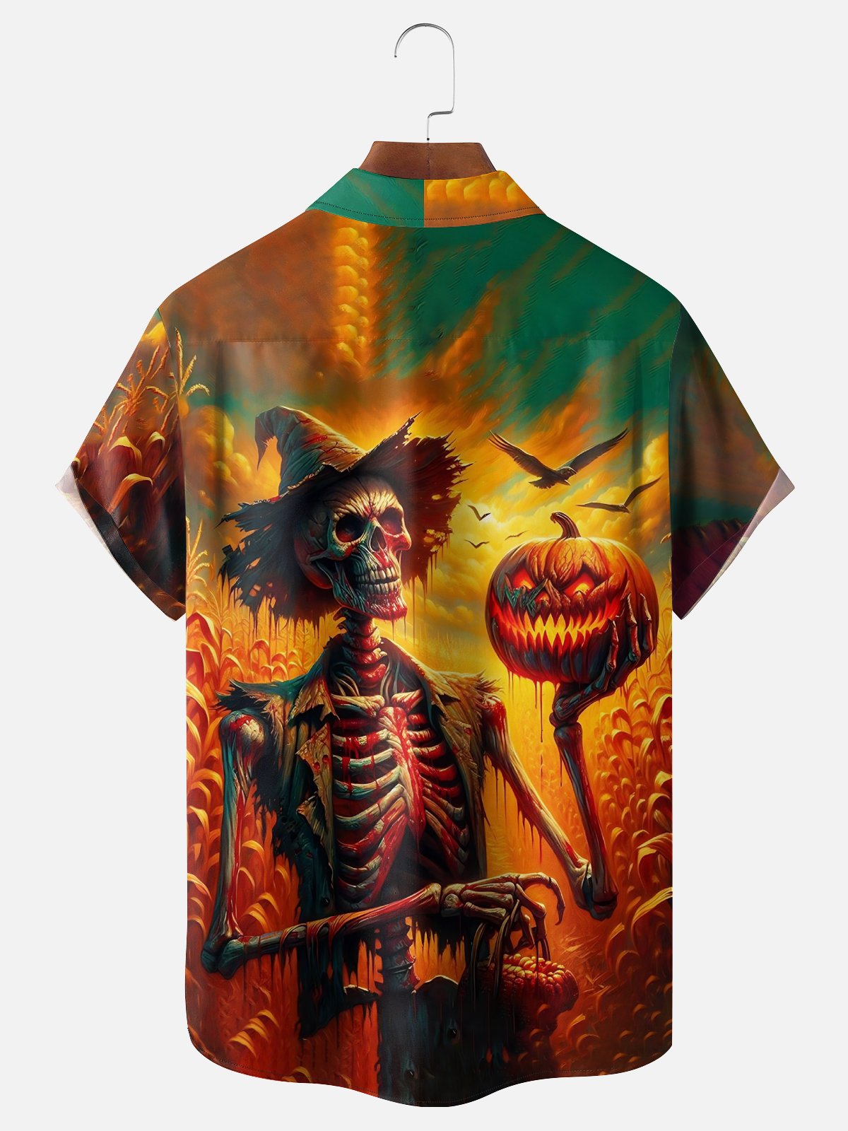 Moisture Wicking Halloween Pumpkin Skull Chest Pocket Hawaiian Shirt