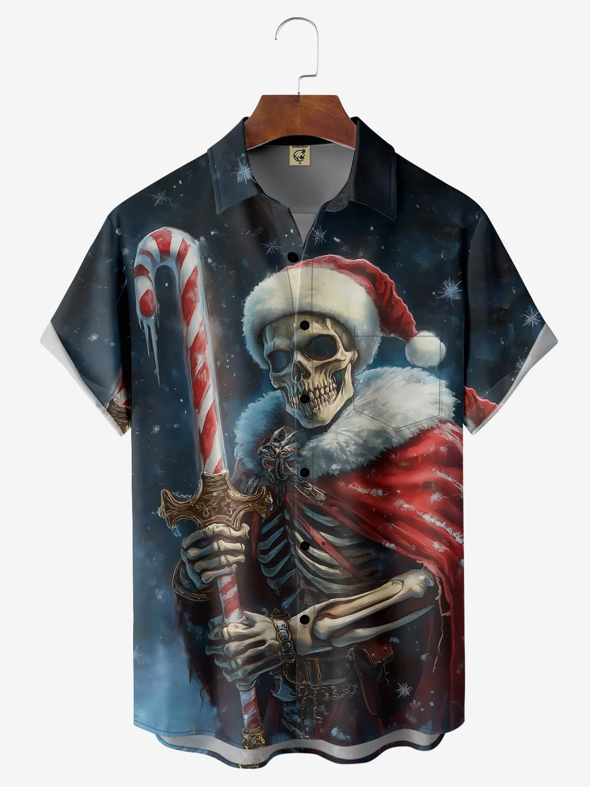 Moisture-wicking Santa Skull Candy Cane Chest Pocket Casual Shirt