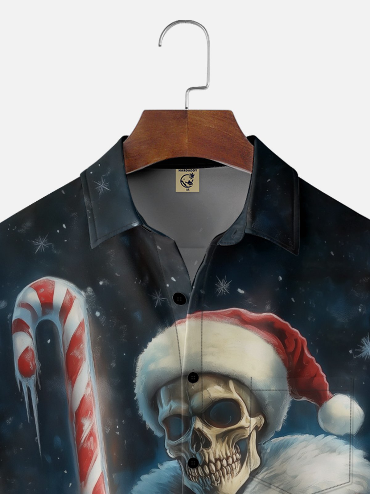 Moisture-wicking Santa Skull Candy Cane Chest Pocket Casual Shirt