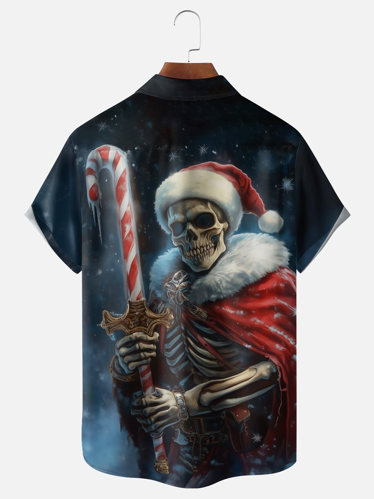 Moisture-wicking Santa Skull Candy Cane Chest Pocket Casual Shirt