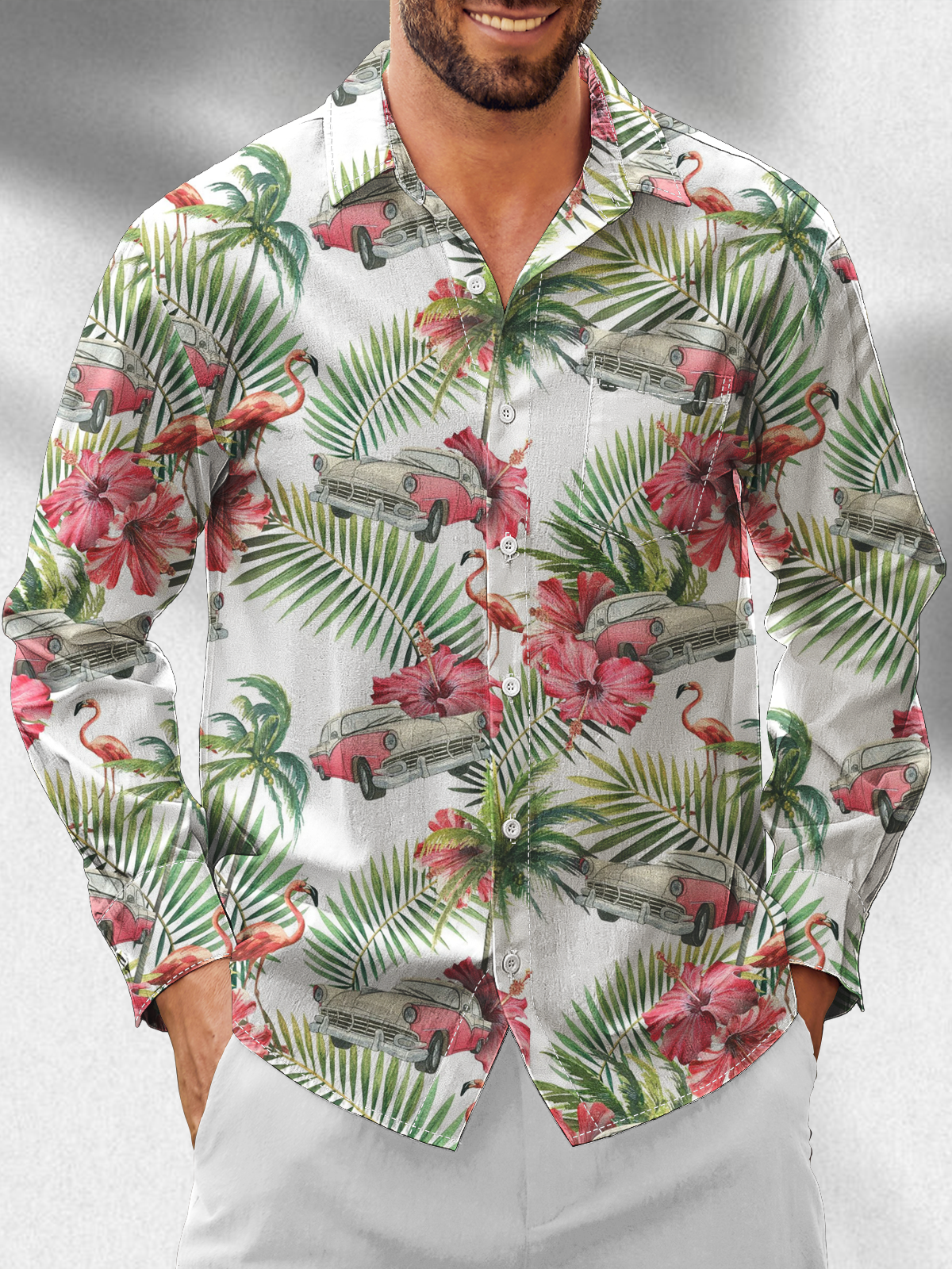 Moisture Wicking Floral Flamingo Chest Pocket Hawaiian Long Sleeve Shirt
