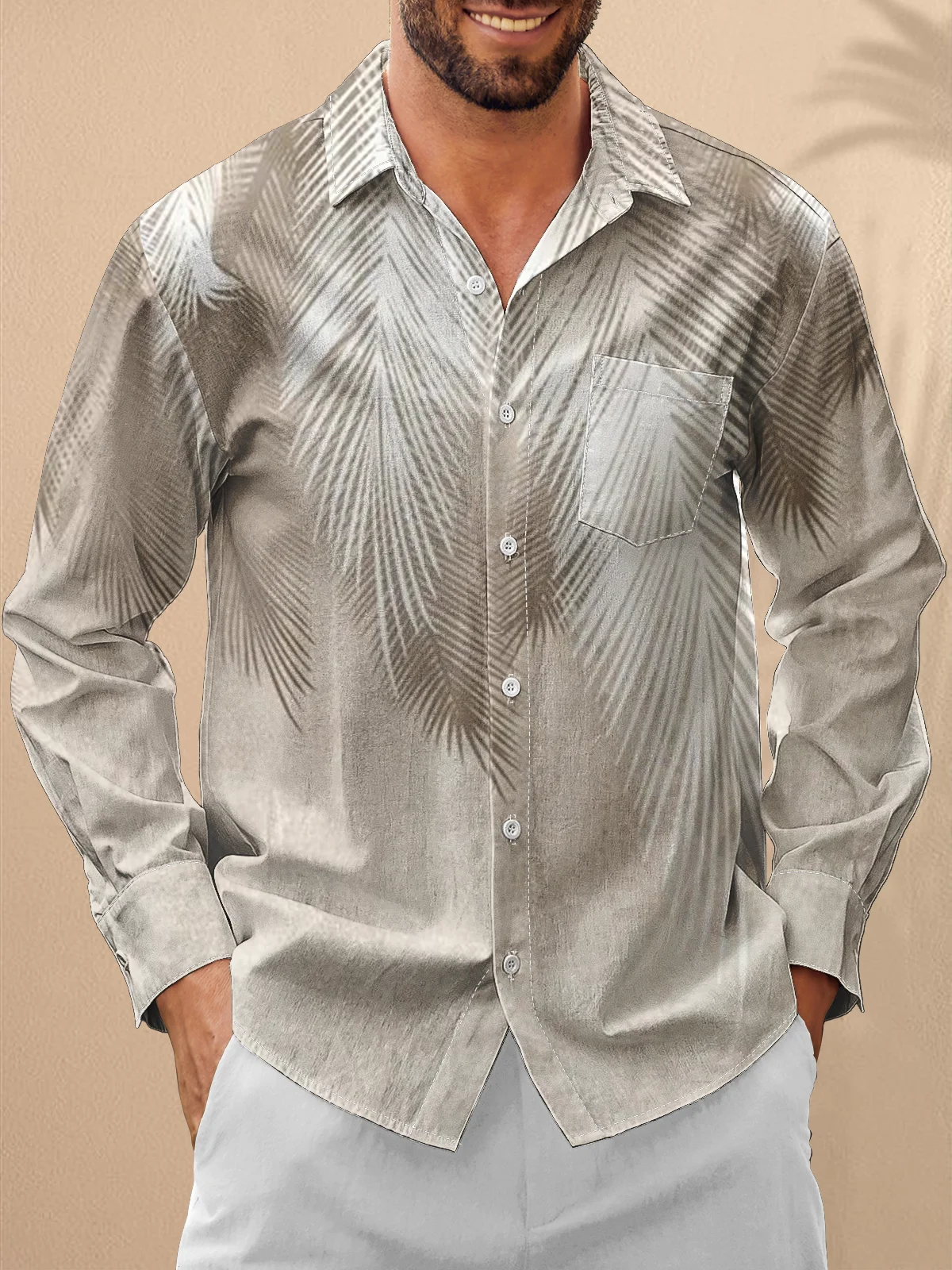 Moisture Wicking Botanical Chest Pocket Hawaiian Long Sleeve Shirt
