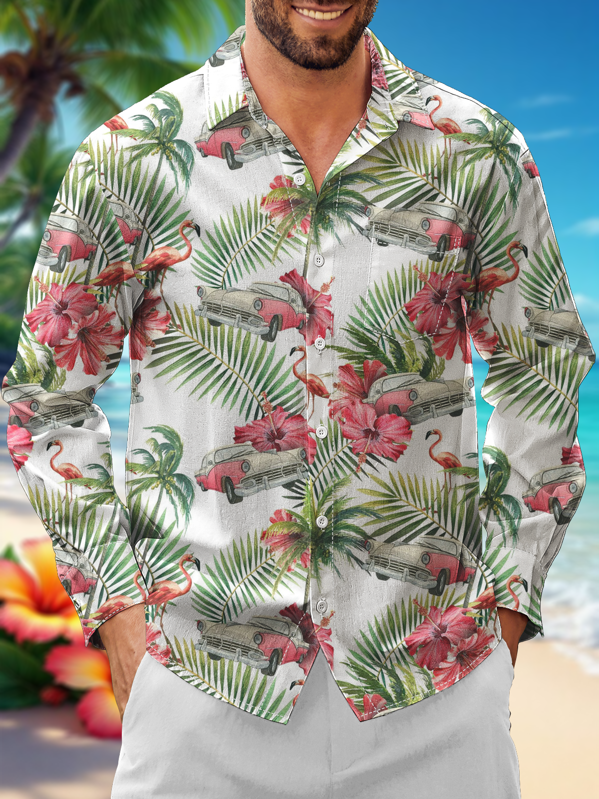 Moisture Wicking Floral Flamingo Chest Pocket Hawaiian Long Sleeve Shirt