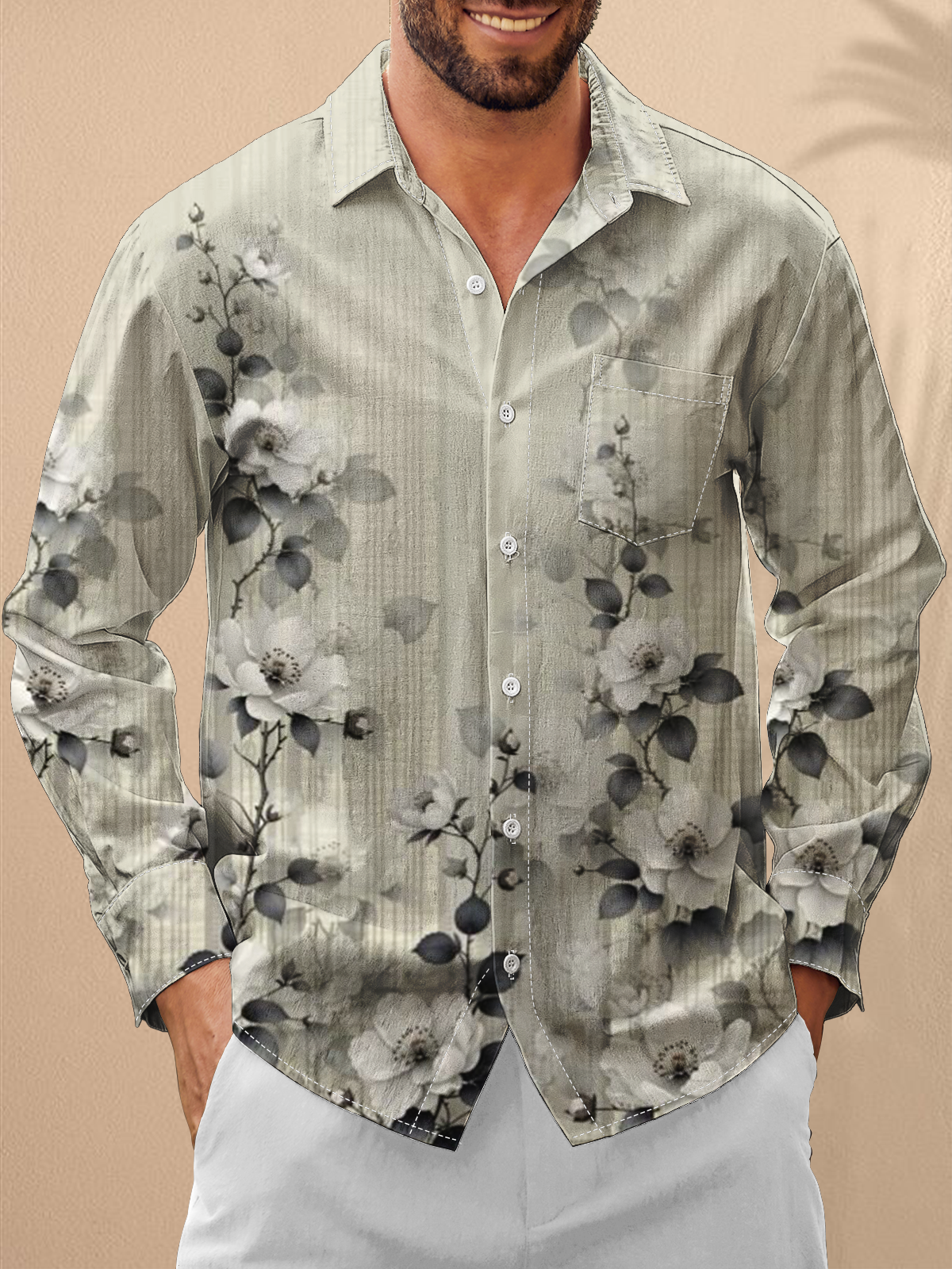 Moisture Wicking Floral Chest Pocket Hawaiian Long Sleeve Shirt