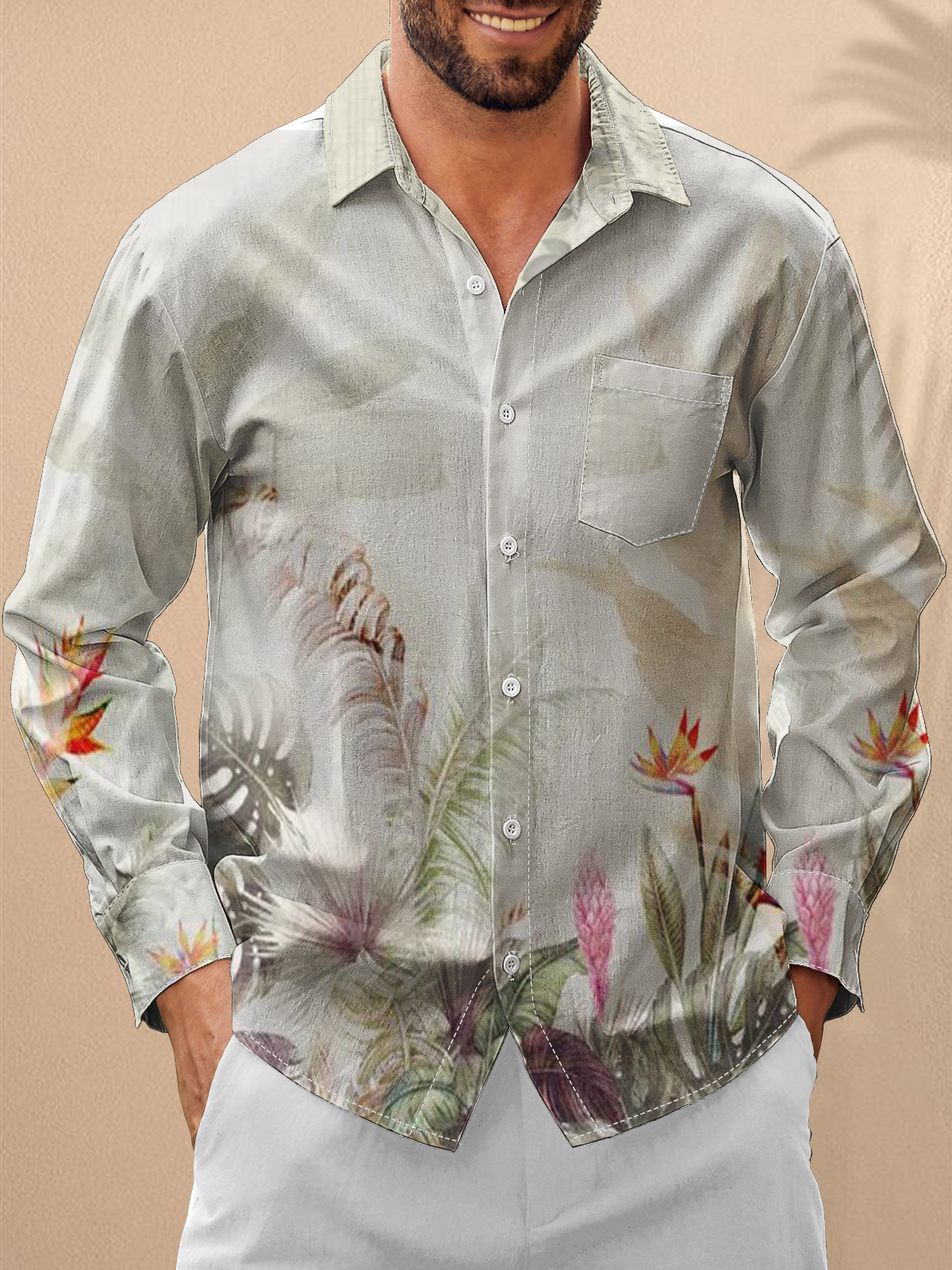 Moisture Wicking Floral Chest Pocket Hawaiian Long Sleeve Shirt