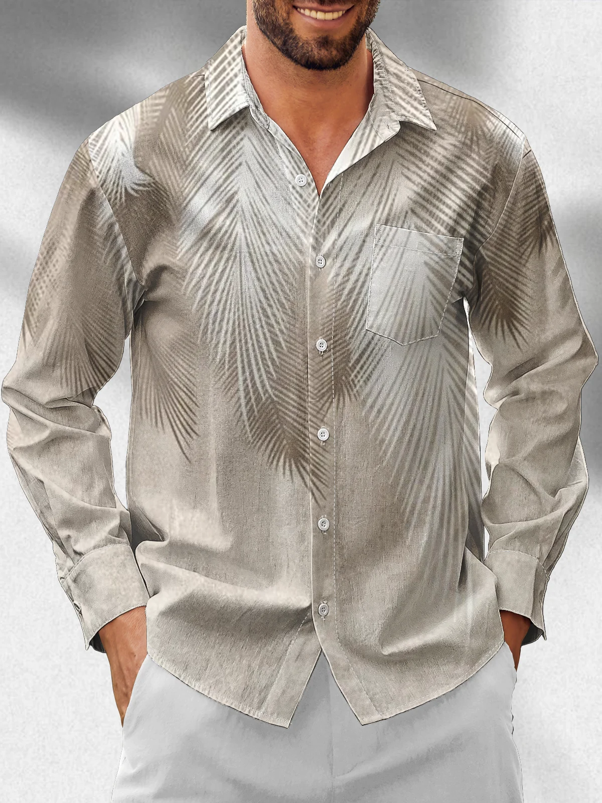 Moisture Wicking Botanical Chest Pocket Hawaiian Long Sleeve Shirt