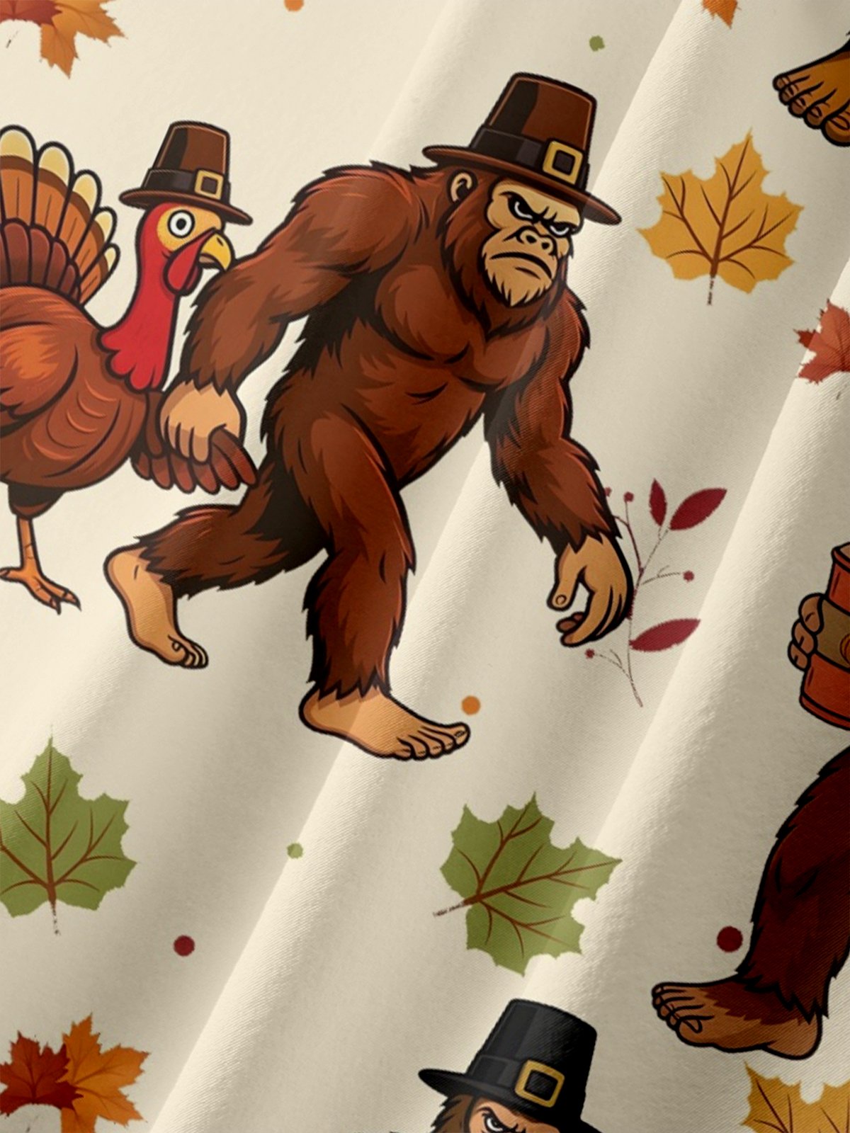 Big Size Moisture-wicking Thanksgiving Turkey Bigfoot Chest Pocket Casual Shirt