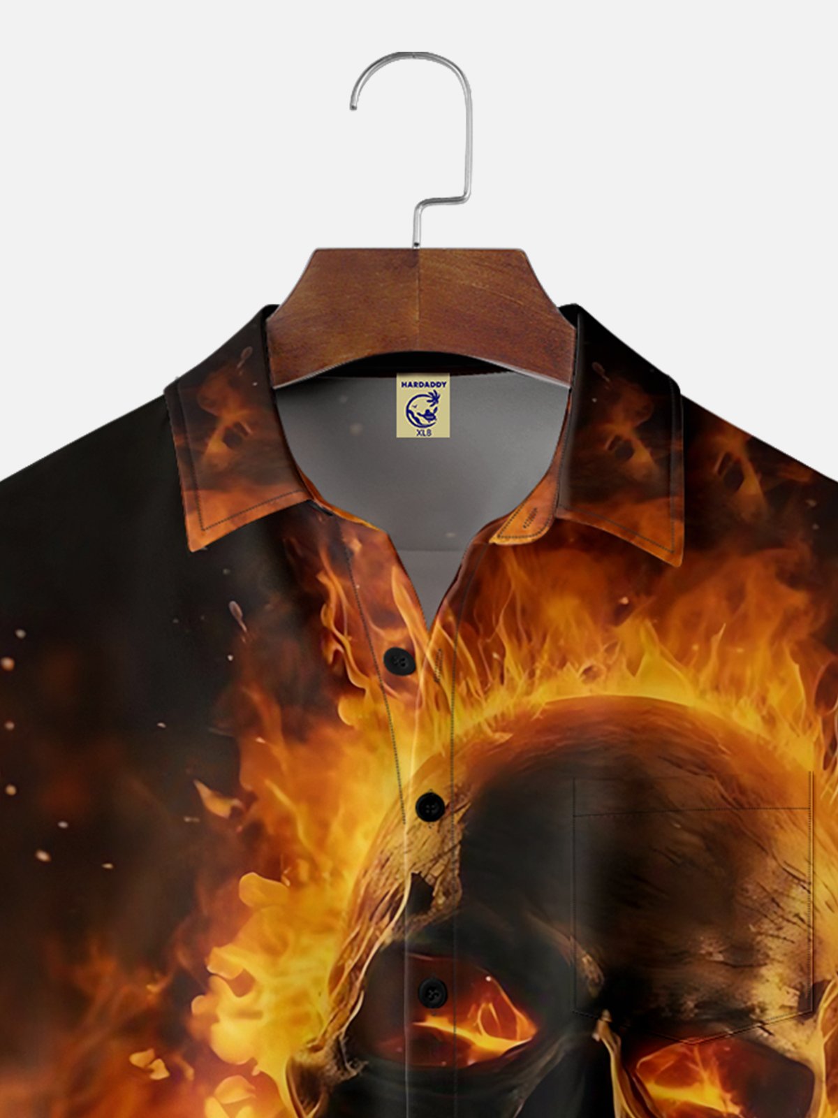 Big Size Moisture-wicking Flaming Skull Art Halloween Chest Pocket Casual Shirt