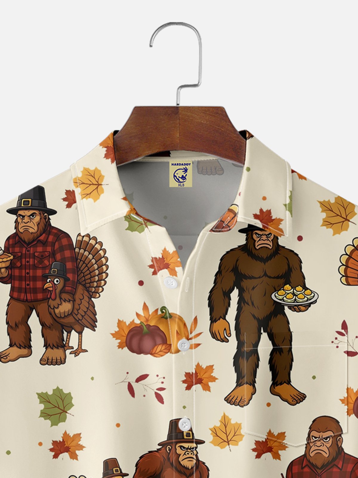 Big Size Moisture-wicking Thanksgiving Turkey Bigfoot Chest Pocket Casual Shirt