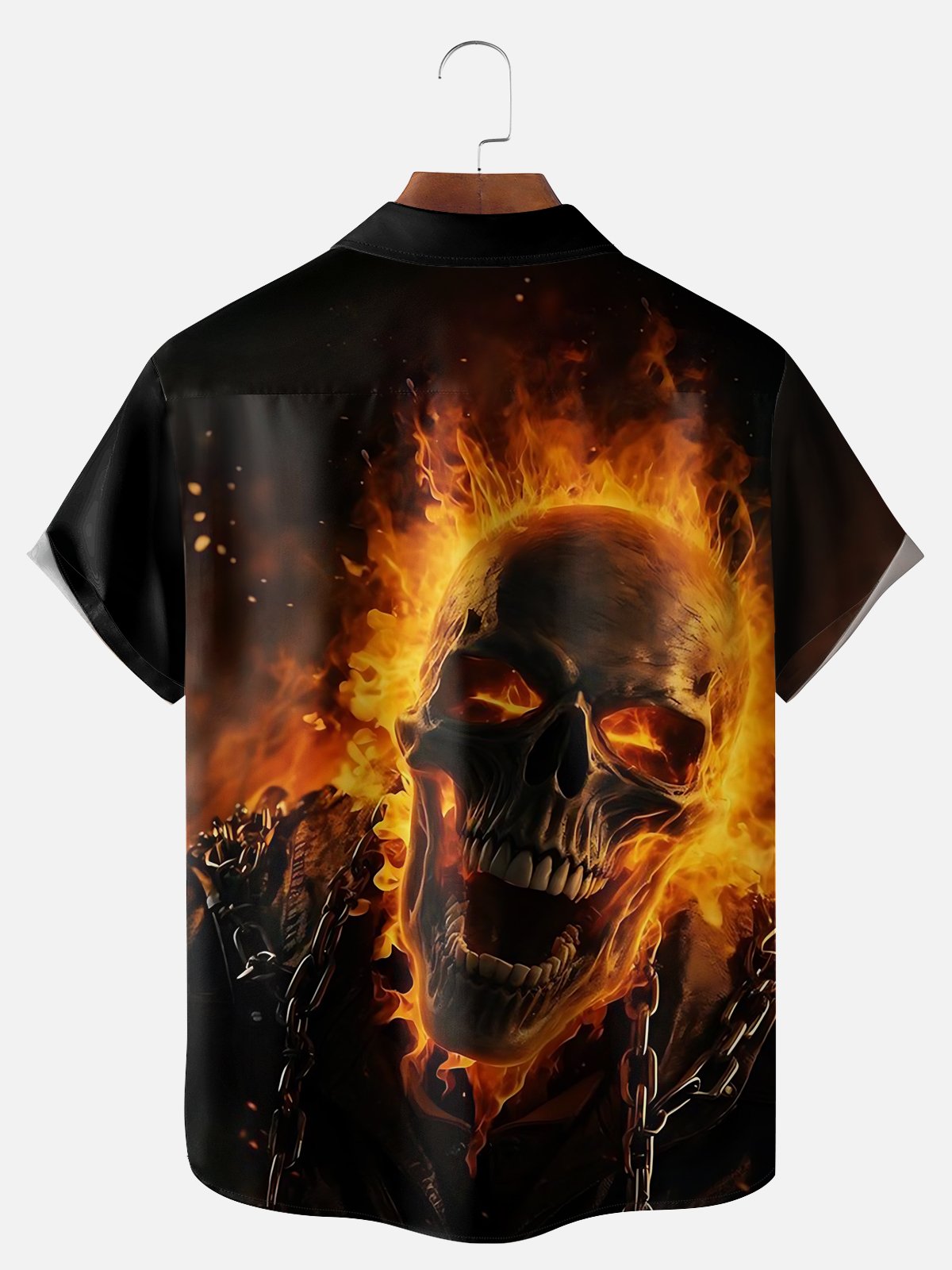 Big Size Moisture-wicking Flaming Skull Art Halloween Chest Pocket Casual Shirt