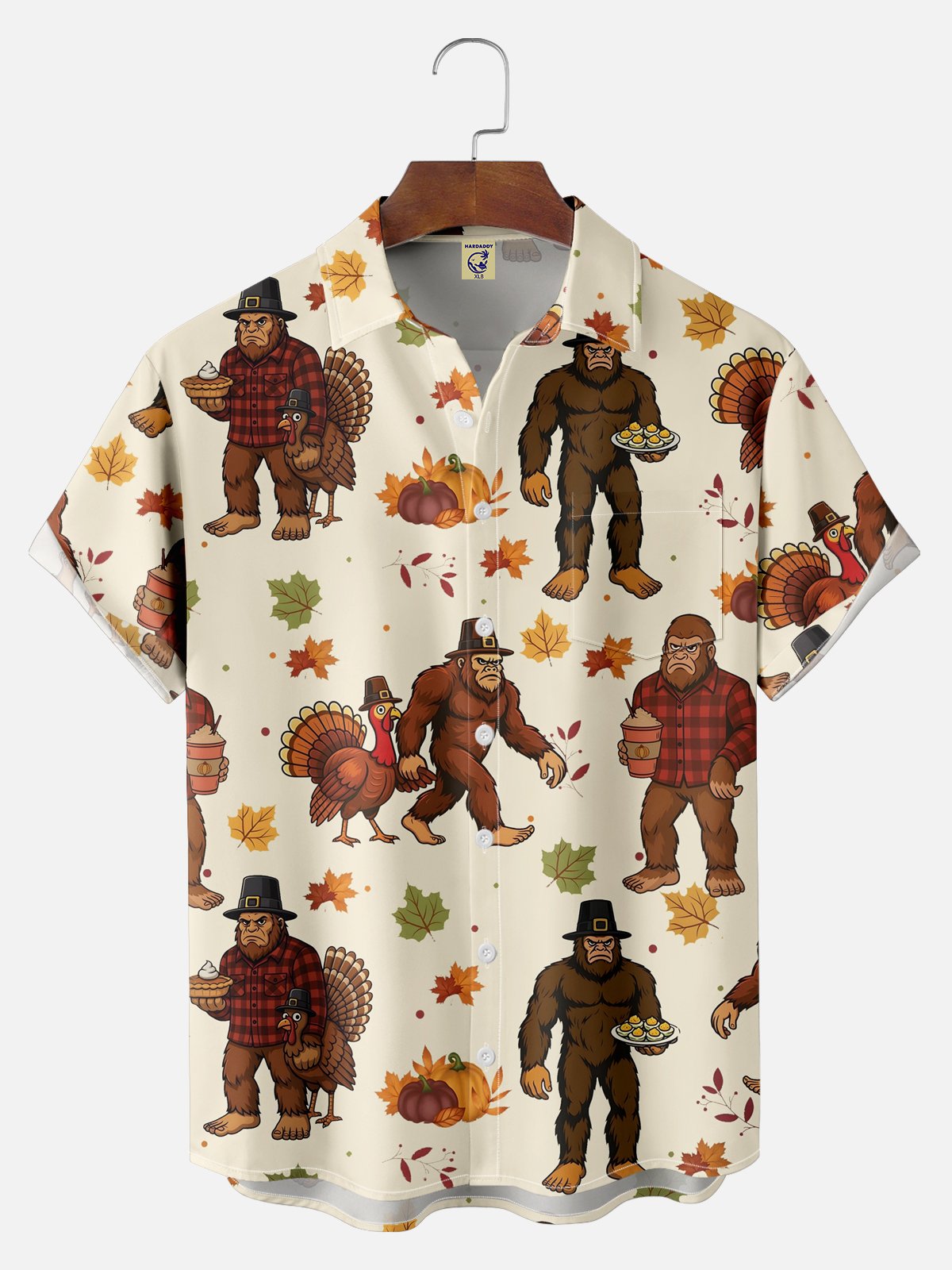 Big Size Moisture-wicking Thanksgiving Turkey Bigfoot Chest Pocket Casual Shirt