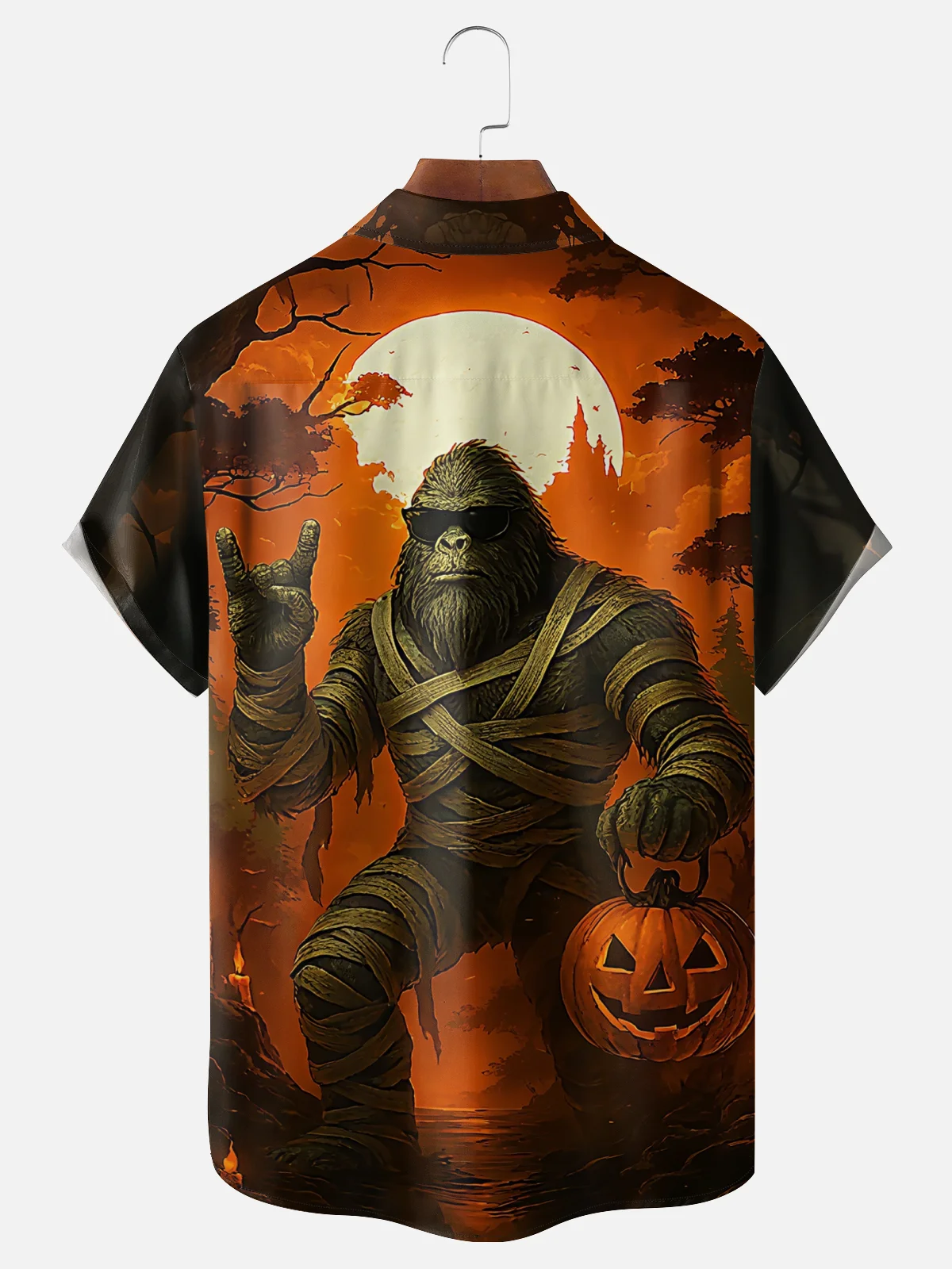 Moisture Wicking Halloween Pumpkin Bigfoot Chest Pocket Hawaiian Shirt