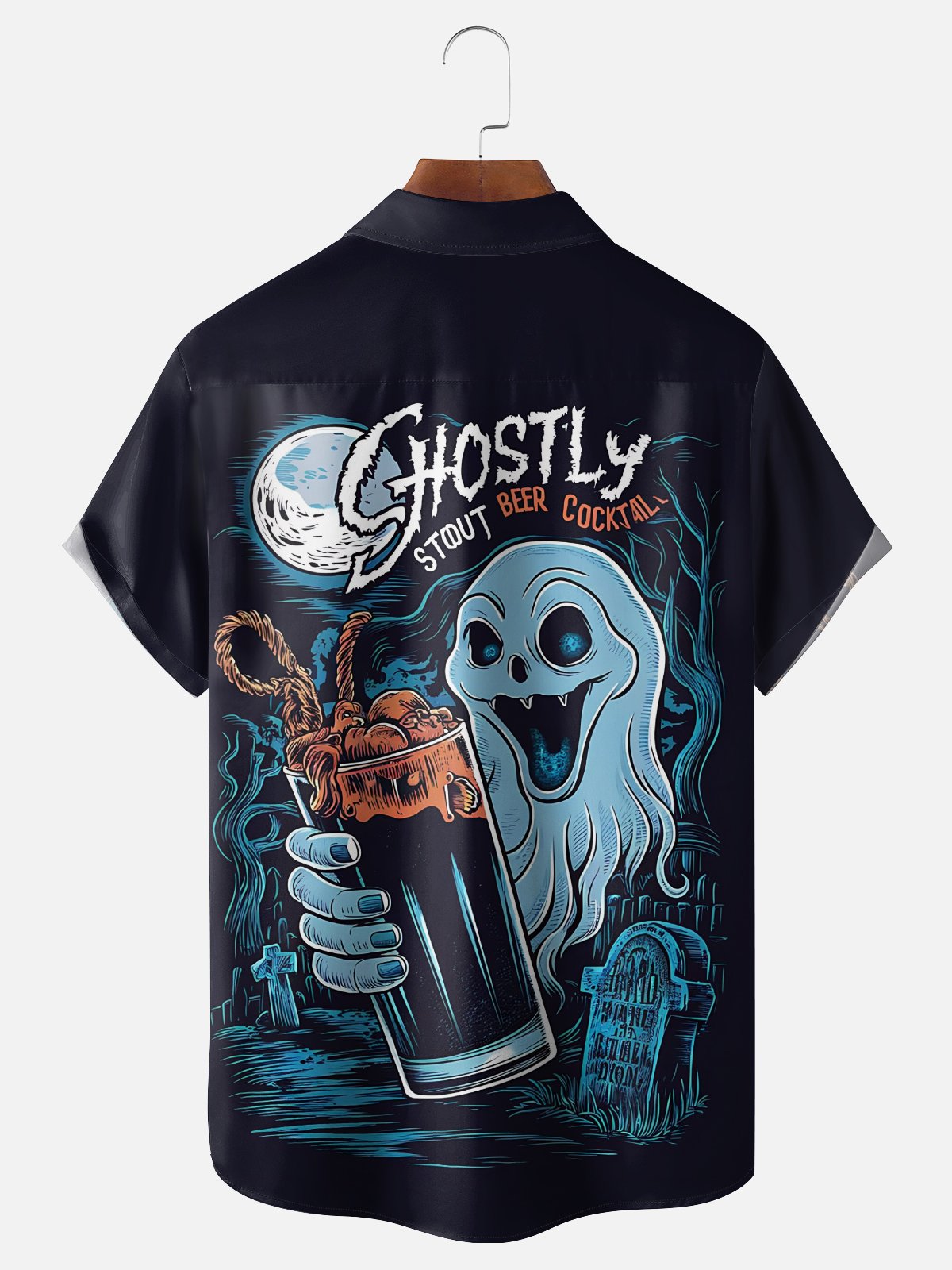 Moisture Wicking Halloween Ghost Beer Chest Pocket Hawaiian Shirt