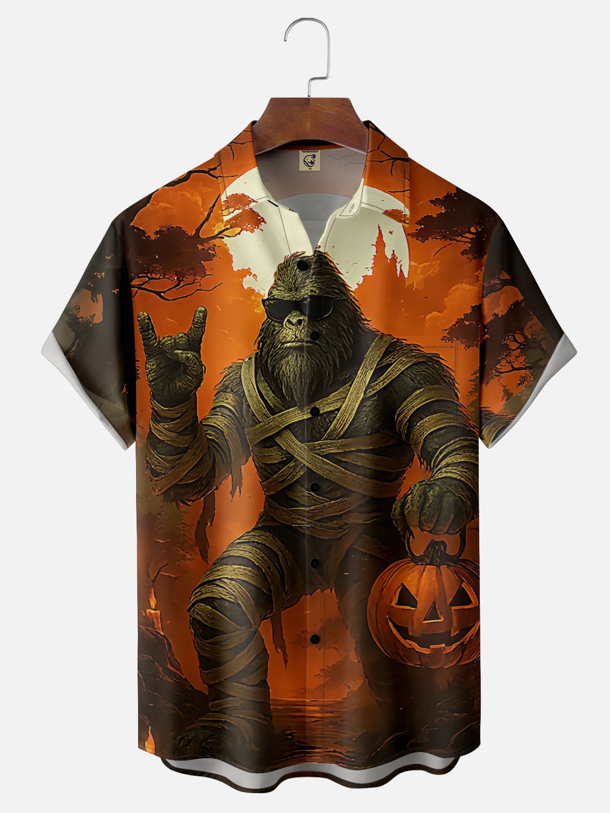 Moisture Wicking Halloween Pumpkin Bigfoot Chest Pocket Hawaiian Shirt