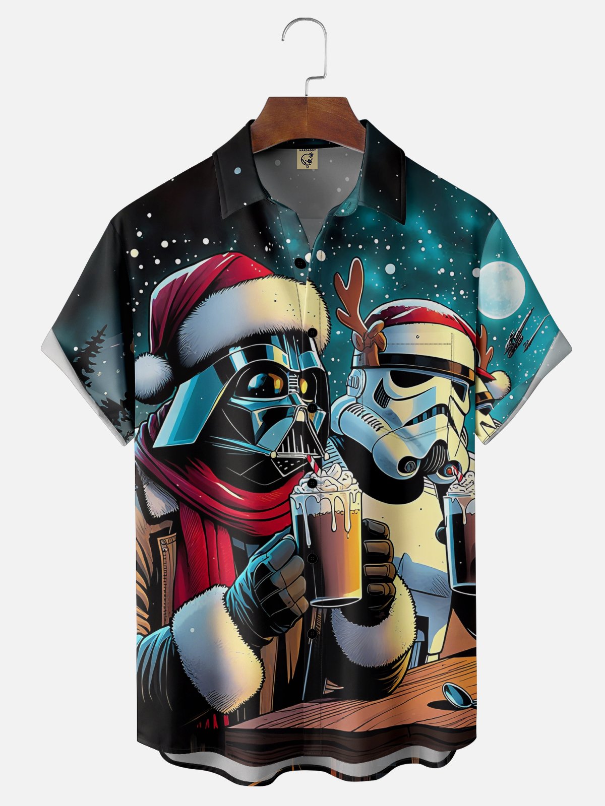 Moisture-Wicking Christmas Star Robot Chest Pocket Hawaiian Shirt