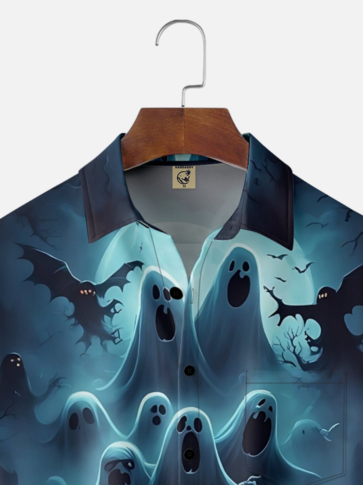 Moisture-Wicking Halloween Gradient Ghost Car Chest Pocket Hawaiian Shirt