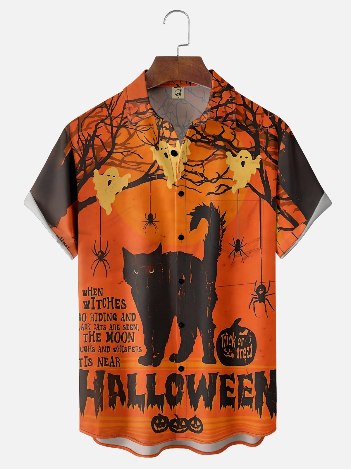 Moisture-wicking Halloween Cat Pumpkin Chest Pocket Casual Shirt