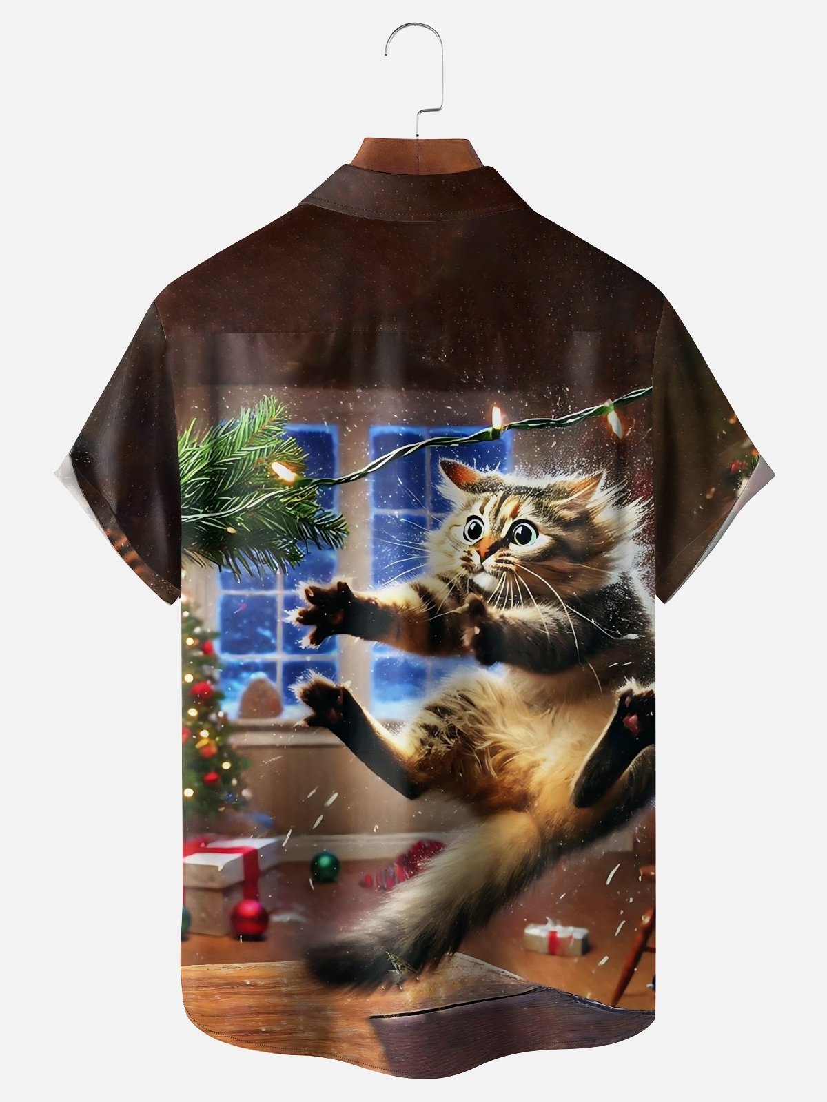 Moisture-wicking Christmas Funny Cat Christmas Tree Chest Pocket Casual Shirt