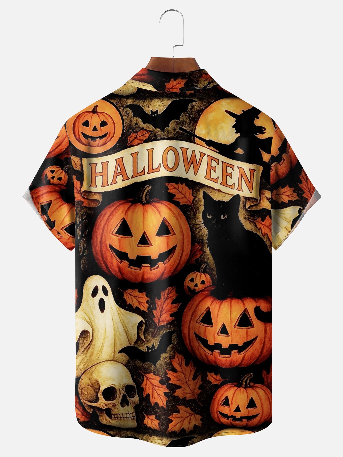 Moisture-Wicking Halloween Pumpkin Ghost Black Cat Witch Chest Pocket Hawaiian Shirt