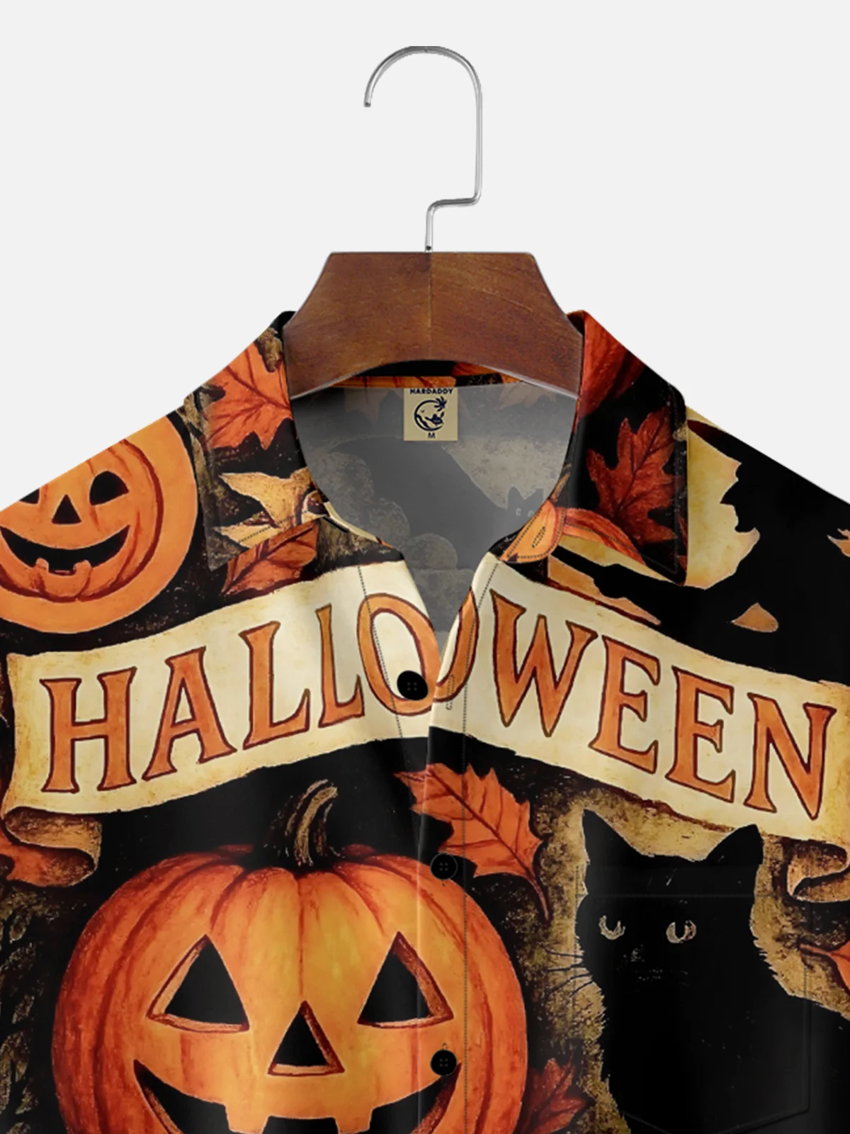 Moisture-Wicking Halloween Pumpkin Ghost Black Cat Witch Chest Pocket Hawaiian Shirt