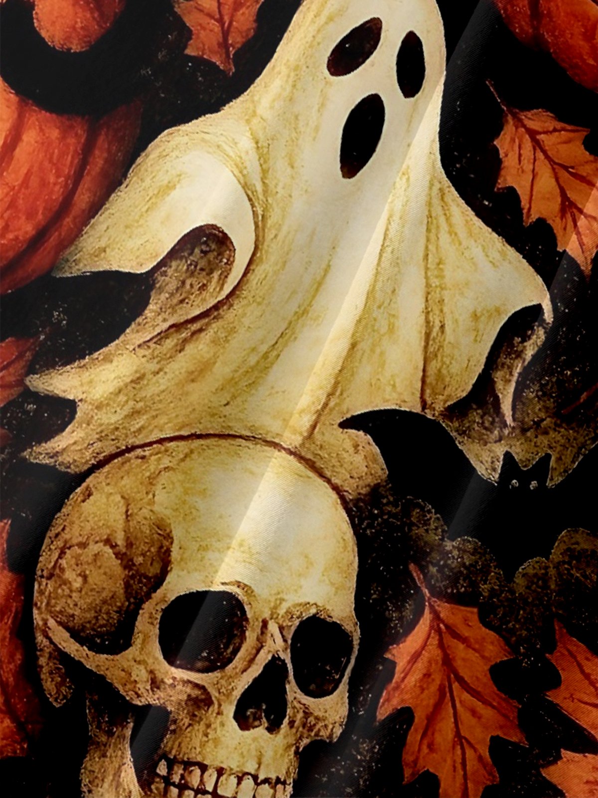 Moisture-Wicking Halloween Pumpkin Ghost Black Cat Witch Chest Pocket Hawaiian Shirt