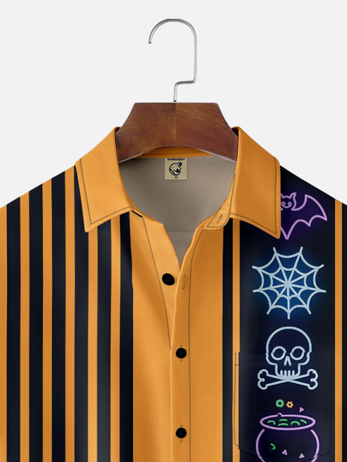 Moisture-wicking Halloween Skull Pumpkin Chest Pocket Bowling Shirt