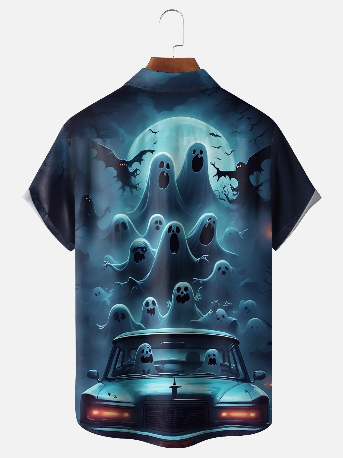 Moisture-Wicking Halloween Gradient Ghost Car Chest Pocket Hawaiian Shirt