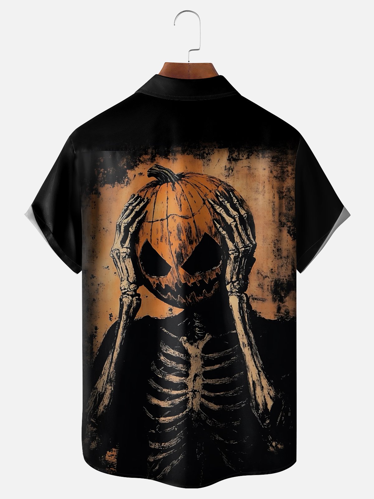 Moisture-Wicking Halloween Gradient Pumpkin Skeleton Chest Pocket Hawaiian Shirt