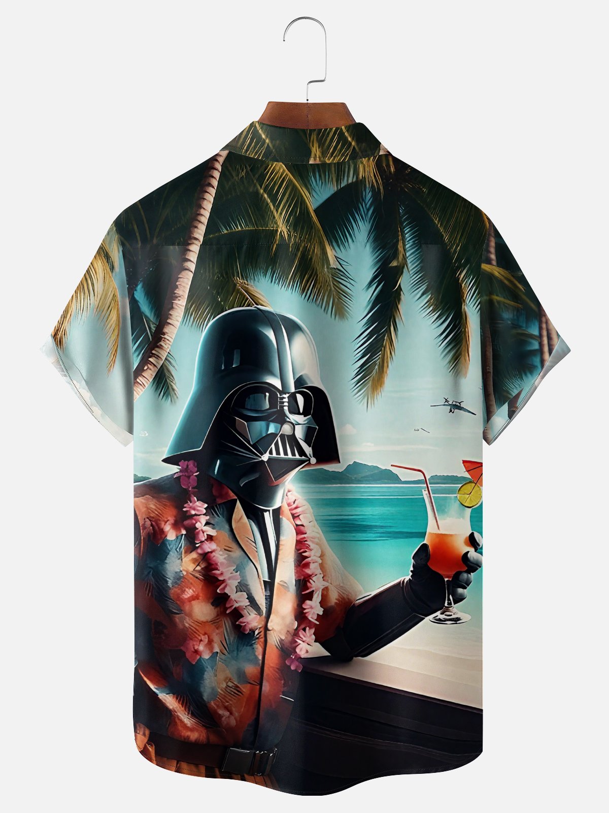 Moisture-Wicking Star Robot Cocktail Beach Coconut Tree Chest Pocket Hawaiian Shirt