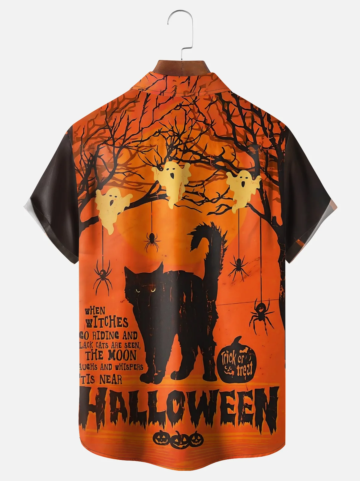 Moisture-wicking Halloween Cat Pumpkin Chest Pocket Casual Shirt