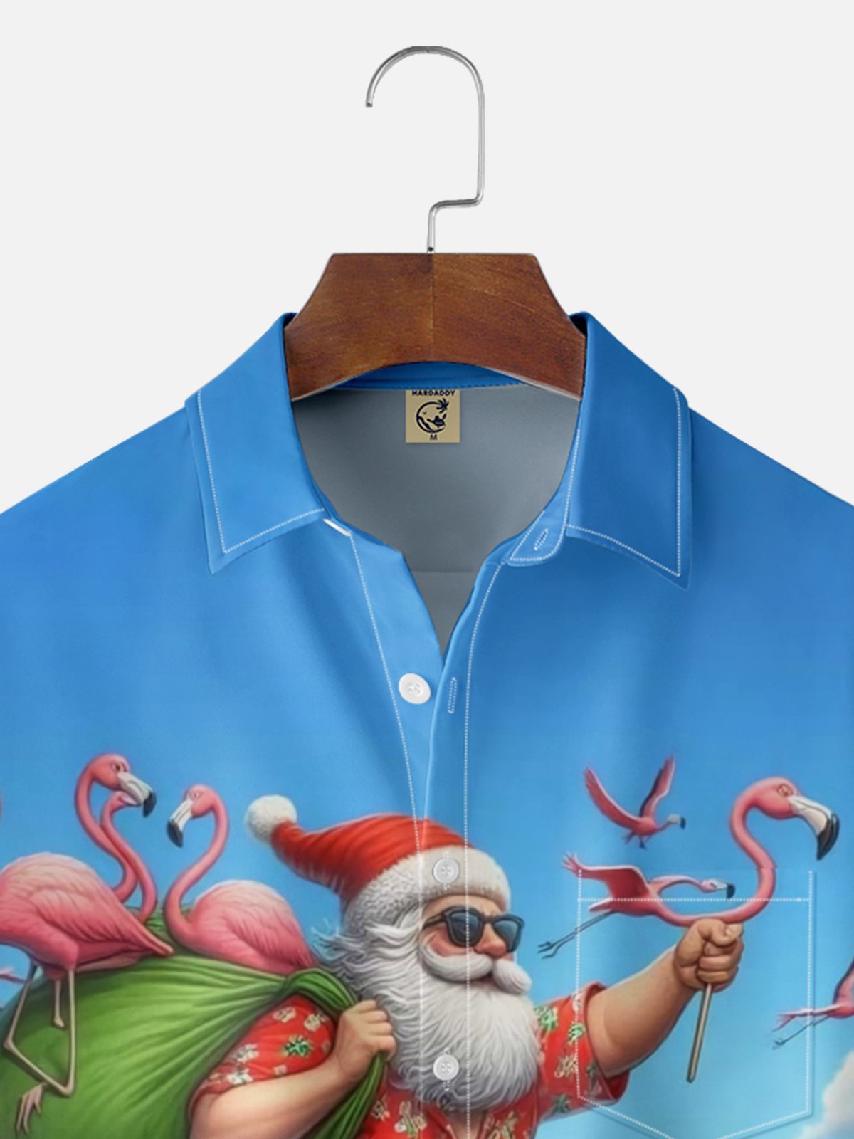 Moisture Wicking Funny Santa Claus Riding Alligator Flamingo Chest Pocket Hawaiian Shirt