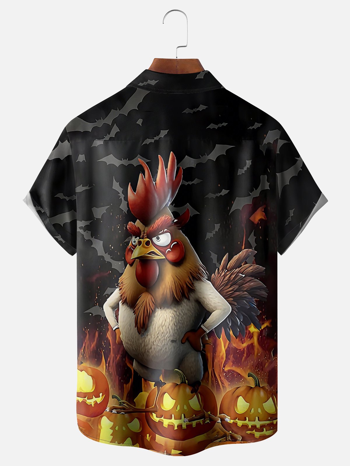 Moisture Wicking Fun Halloween Pumpkin Chicken Chest Pocket Hawaiian Shirt