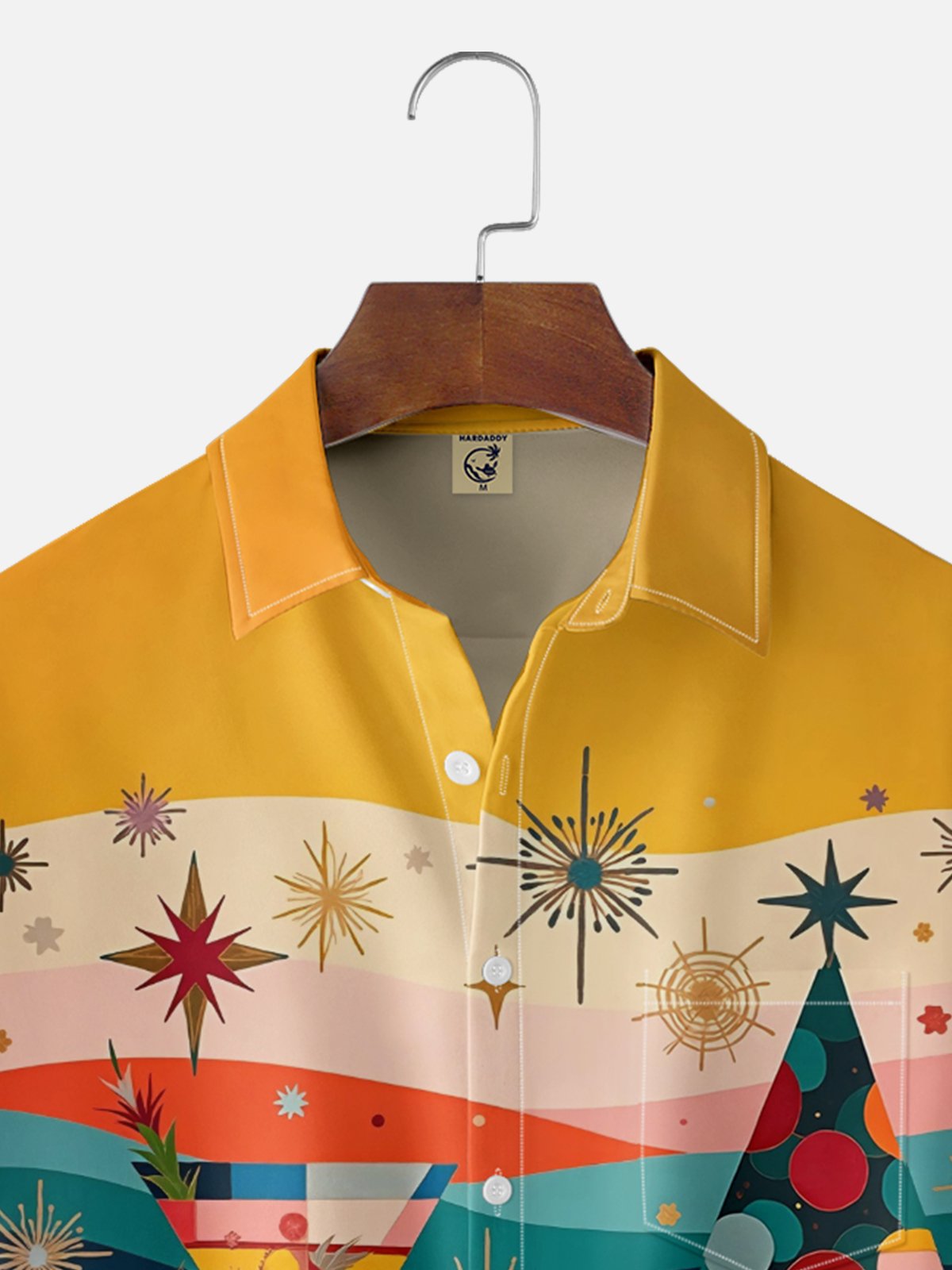 Moisture Wicking Vintage Mid-Century Christmas Tree Wine Glass Chest Pocket Hawaiian Shirt