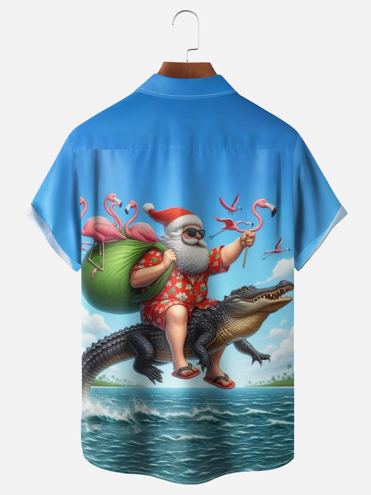 Moisture Wicking Funny Santa Claus Riding Alligator Flamingo Chest Pocket Hawaiian Shirt