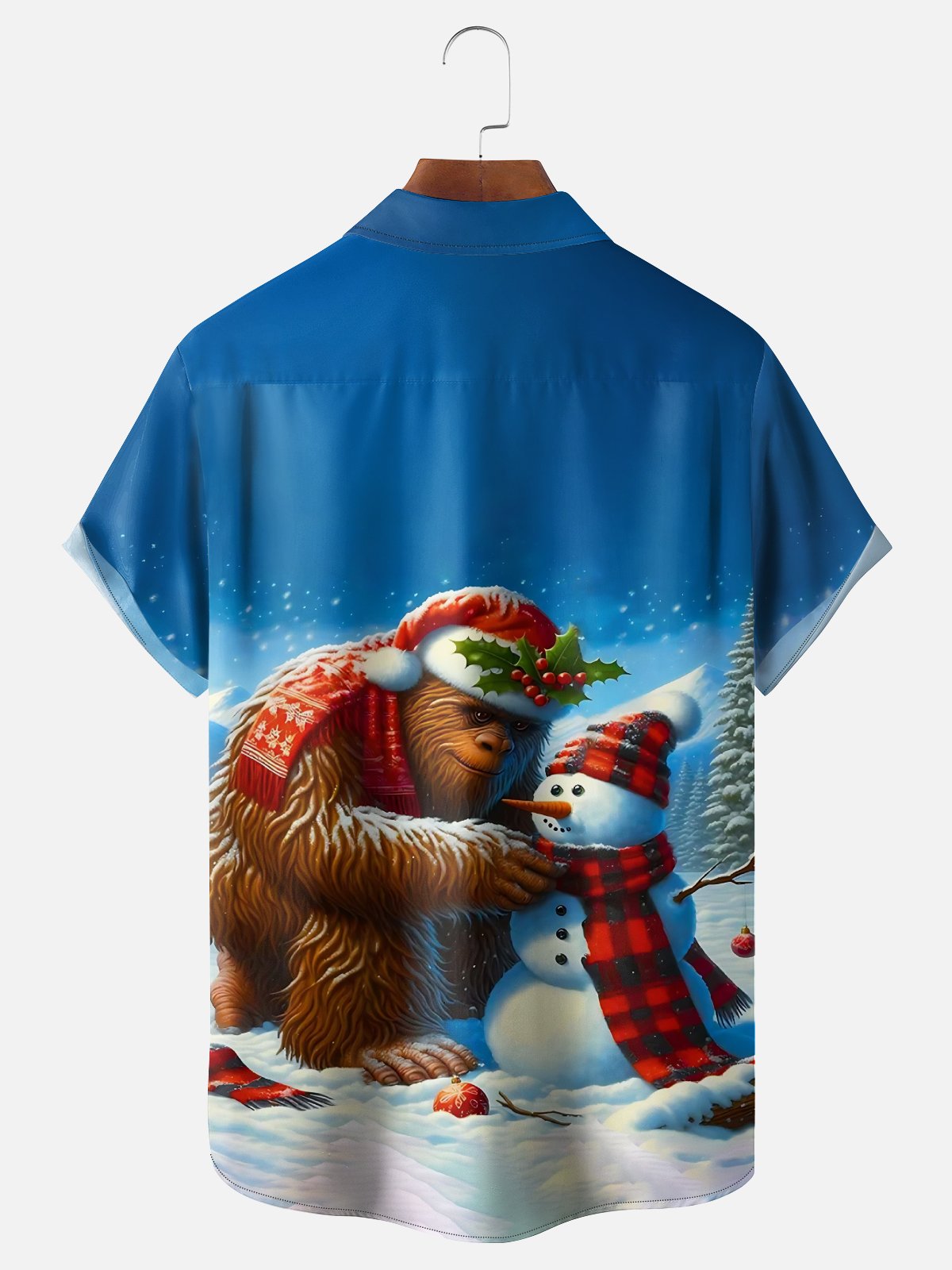 Moisture Wicking Funny Christmas Bigfoot Snowman Holiday Chest Pocket Hawaiian Shirt