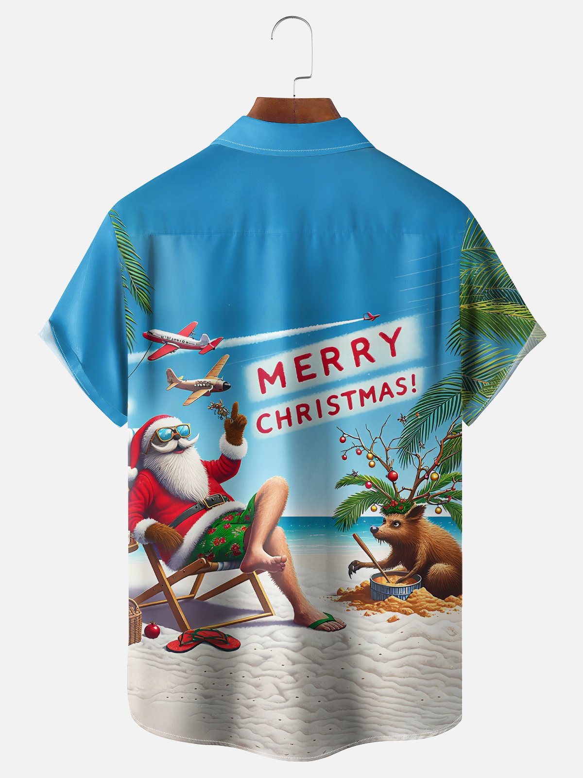 Moisture Wicking Funny Santa Beach Vacation Chest Pocket Hawaiian Shirt