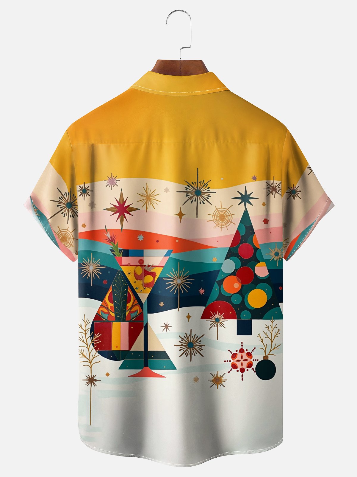 Moisture Wicking Vintage Mid-Century Christmas Tree Wine Glass Chest Pocket Hawaiian Shirt