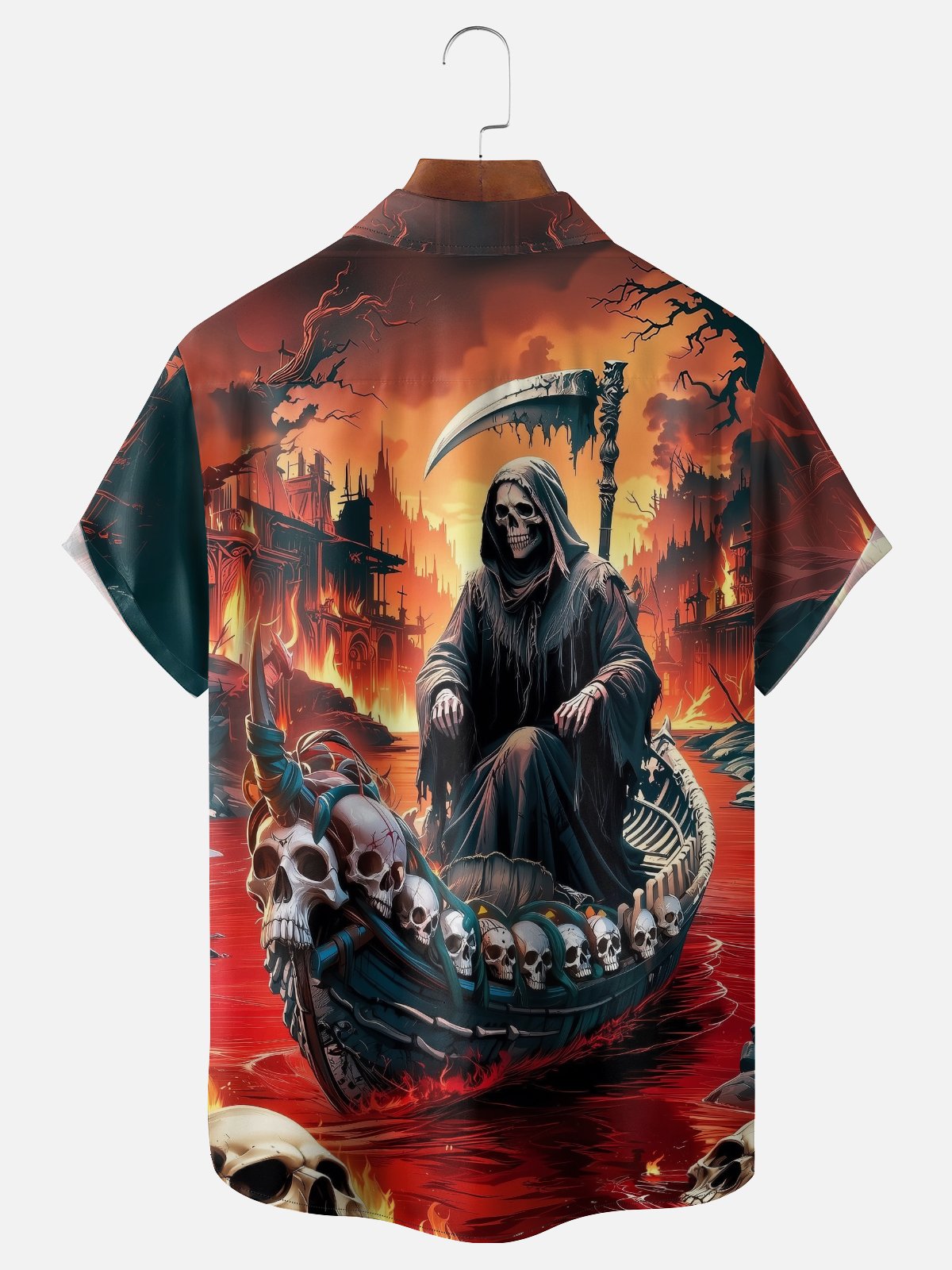 Moisture-wicking Halloween Skeleton Underworld Chest Pocket Casual Shirt