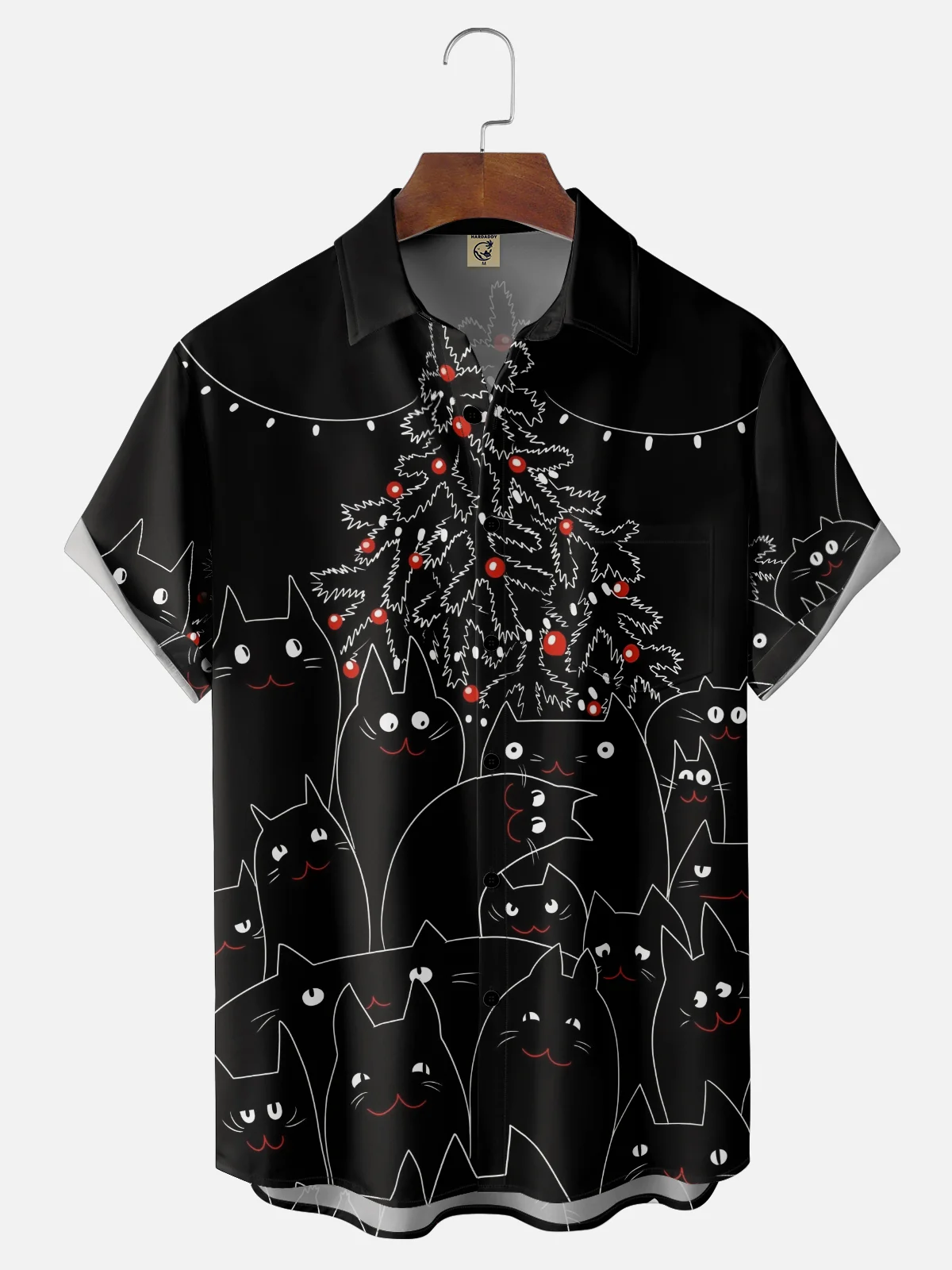 Moisture-wicking Christmas Tree Cat Lights Chest Pocket Casual Shirt